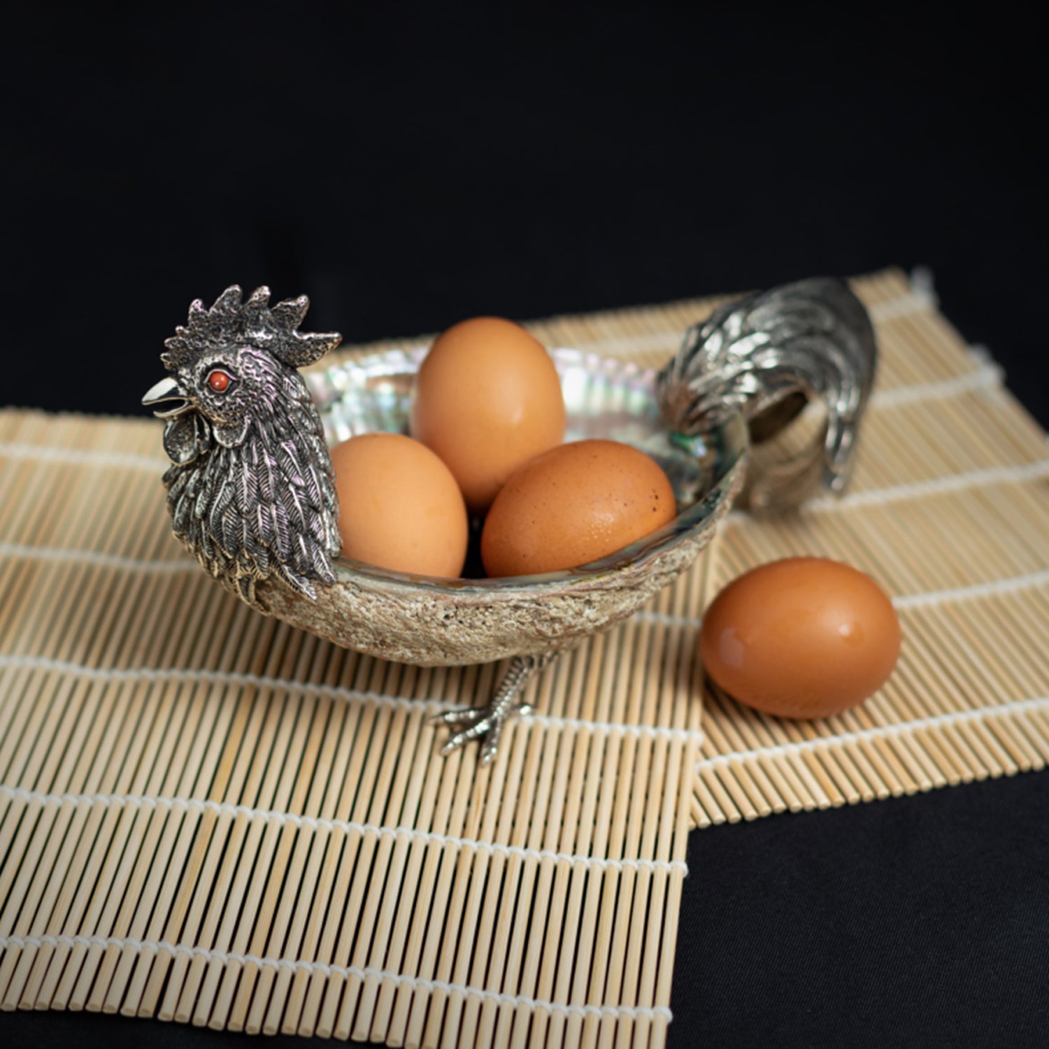 Abalone Shell Bowl with Silver Rooster