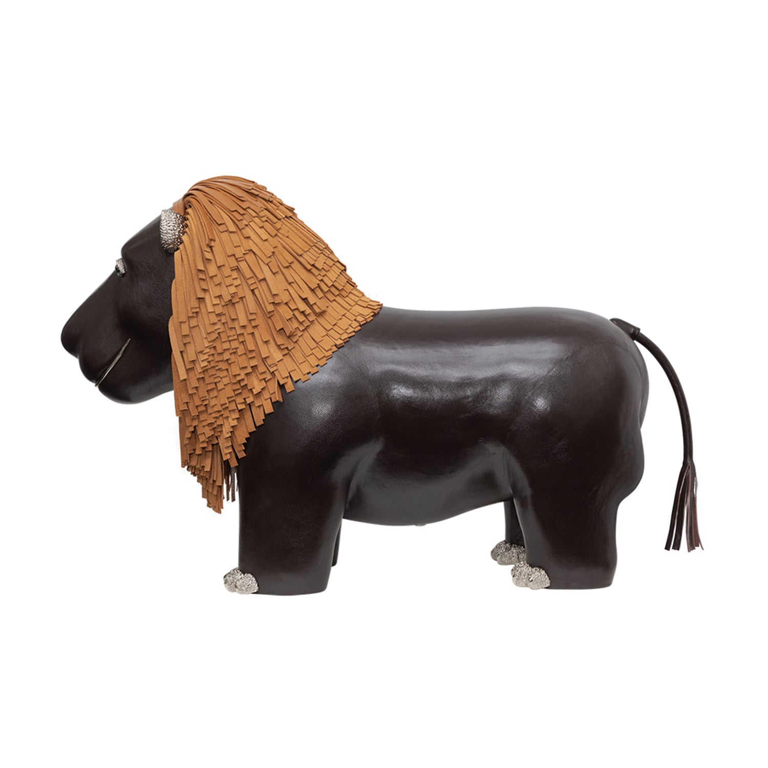 Brown Leather Lion Stool