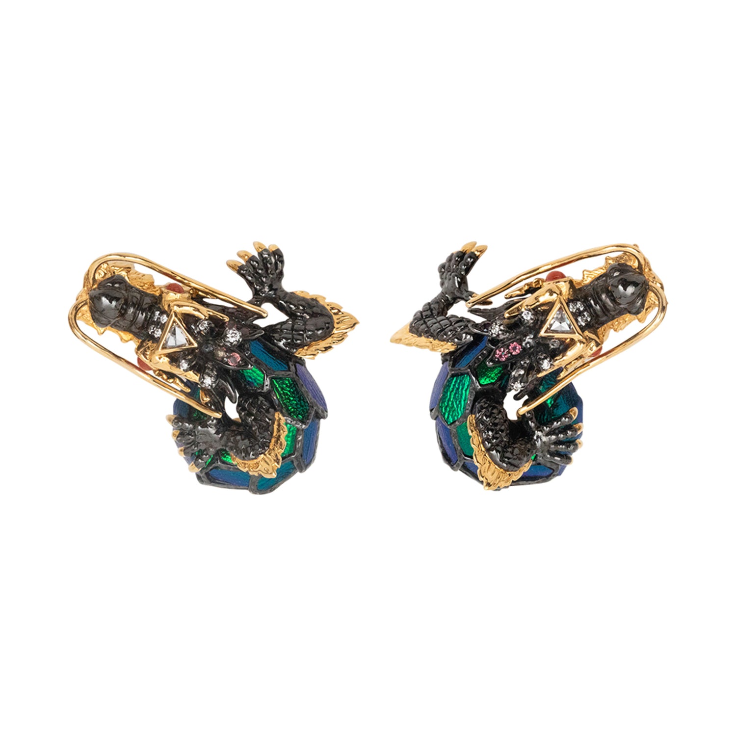 Scarab Dragon Earring with Diamonds and Pink Tourmalines