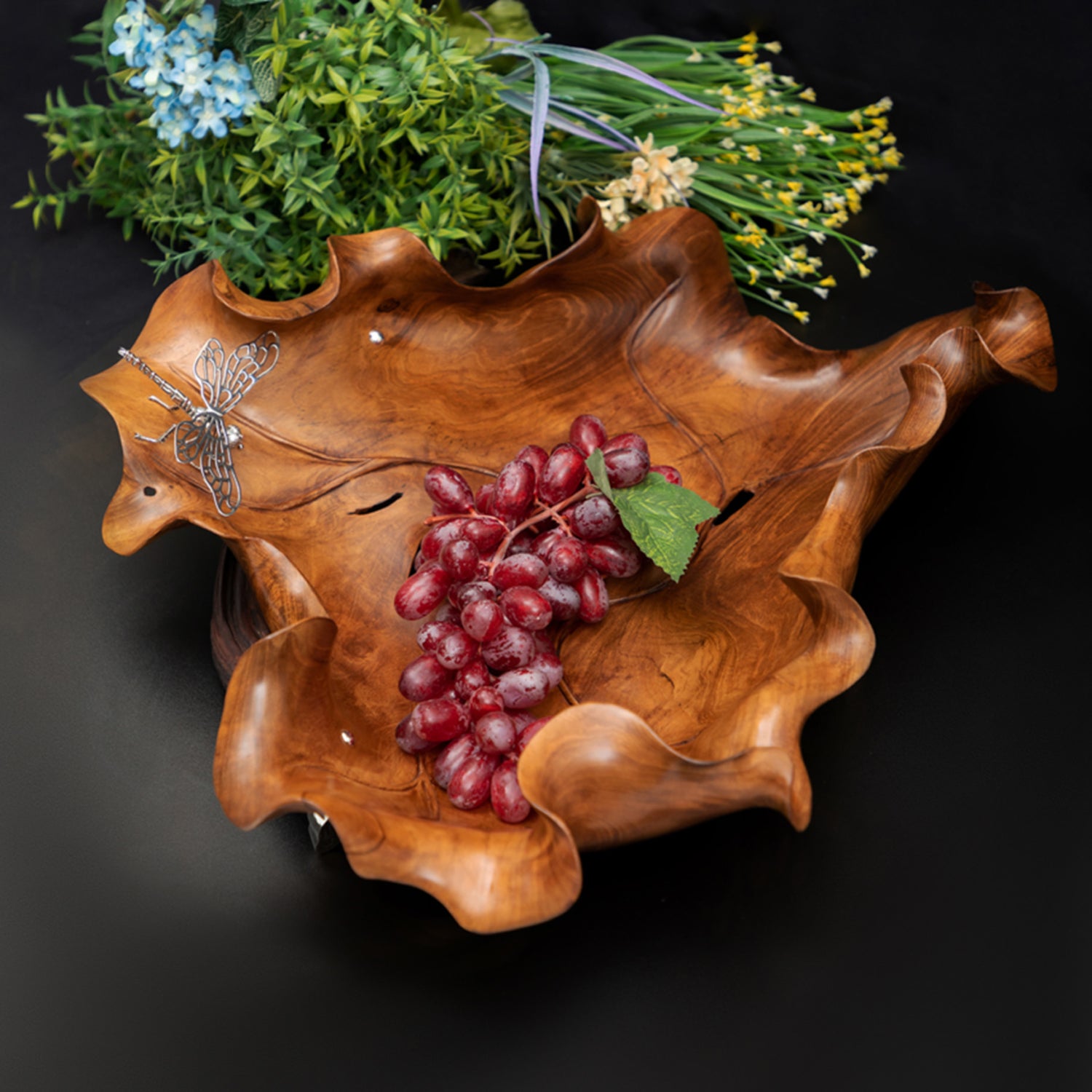 Carved Teak Wood Leaf Bowl with Silver Dragonfly