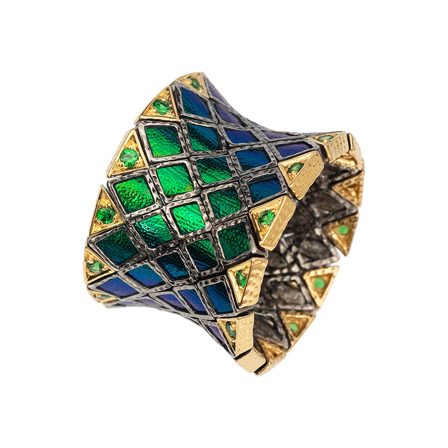 Flexible Ring 5 rows with Tsavorite and Scarab