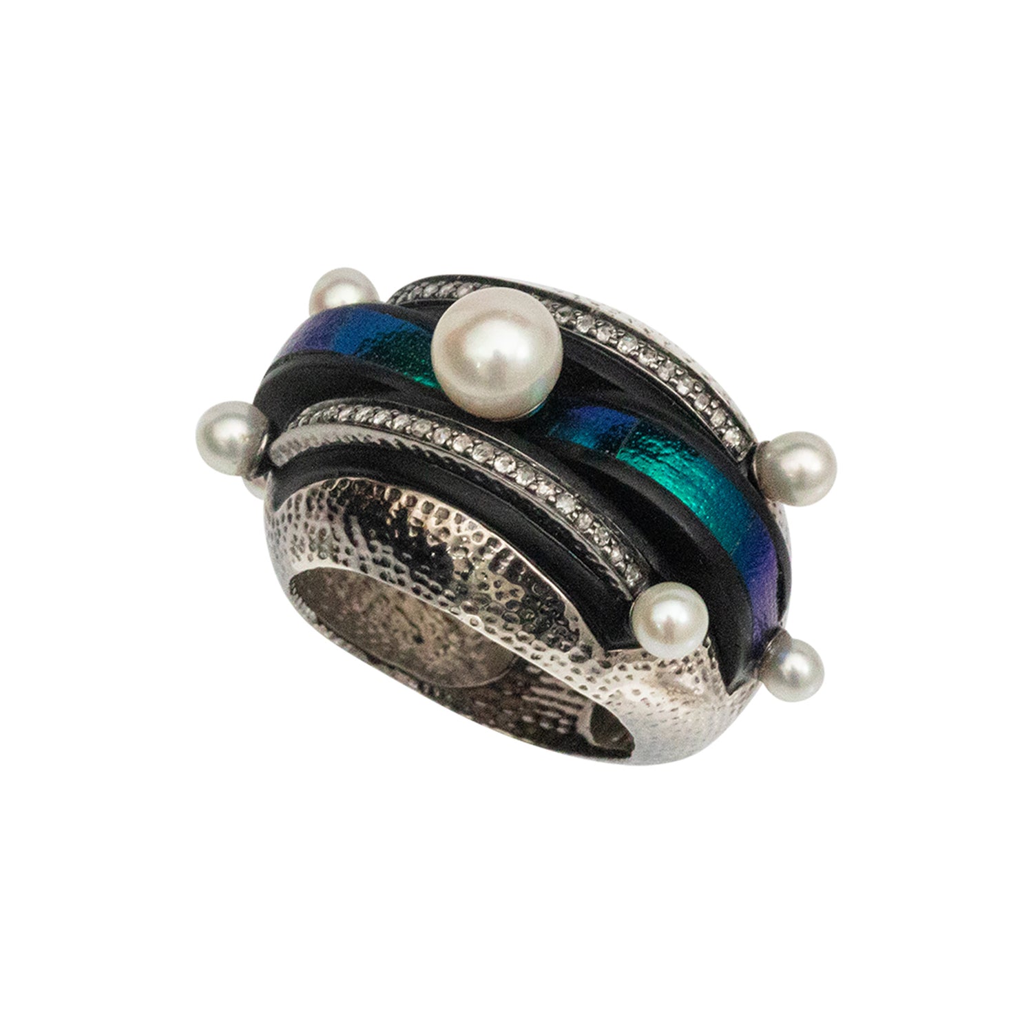 Art Deco Scarab Band Ring with Diamonds and Pearls