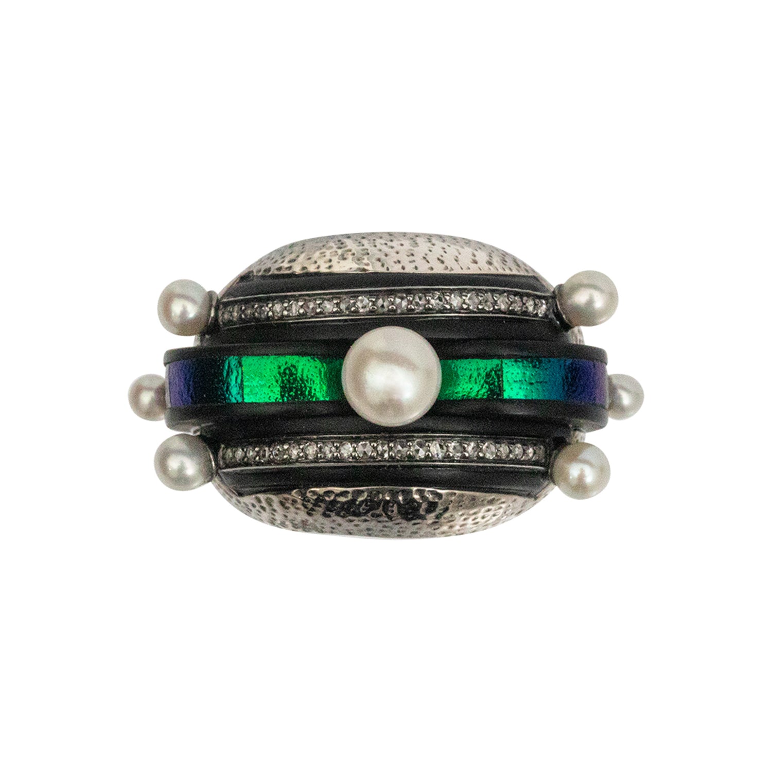 Art Deco Scarab Band Ring with Diamonds and Pearls