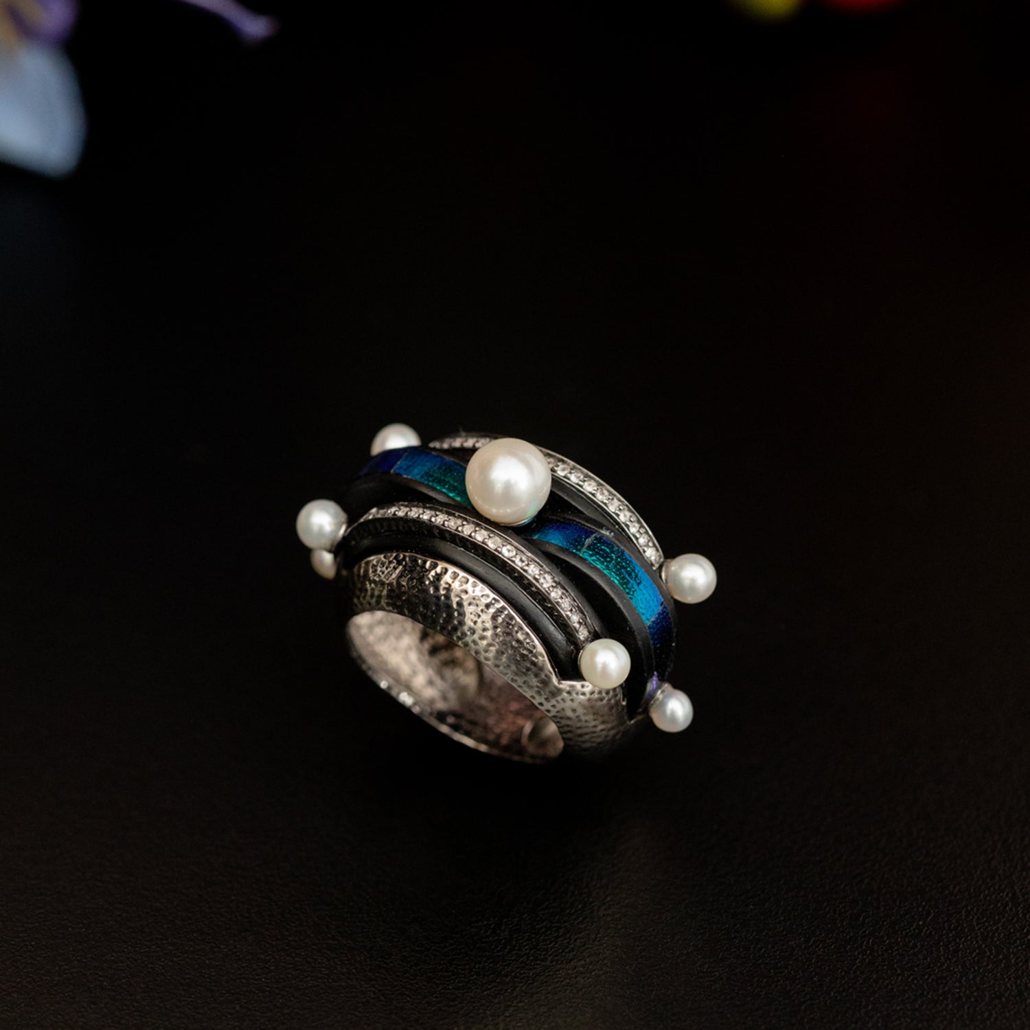 Art Deco Scarab Band Ring with Diamonds and Pearls