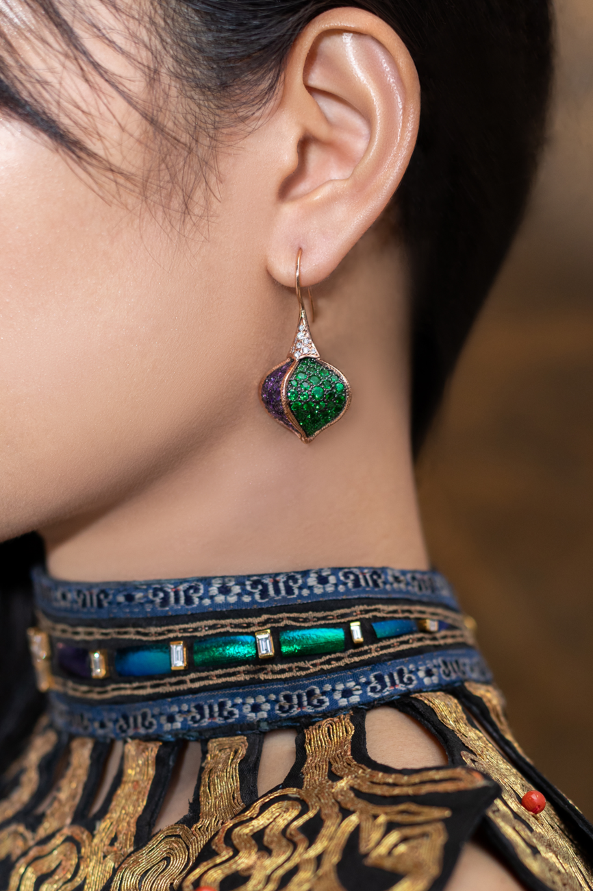 Balinese Fruit Earrings with Tsavorite and Amethyst