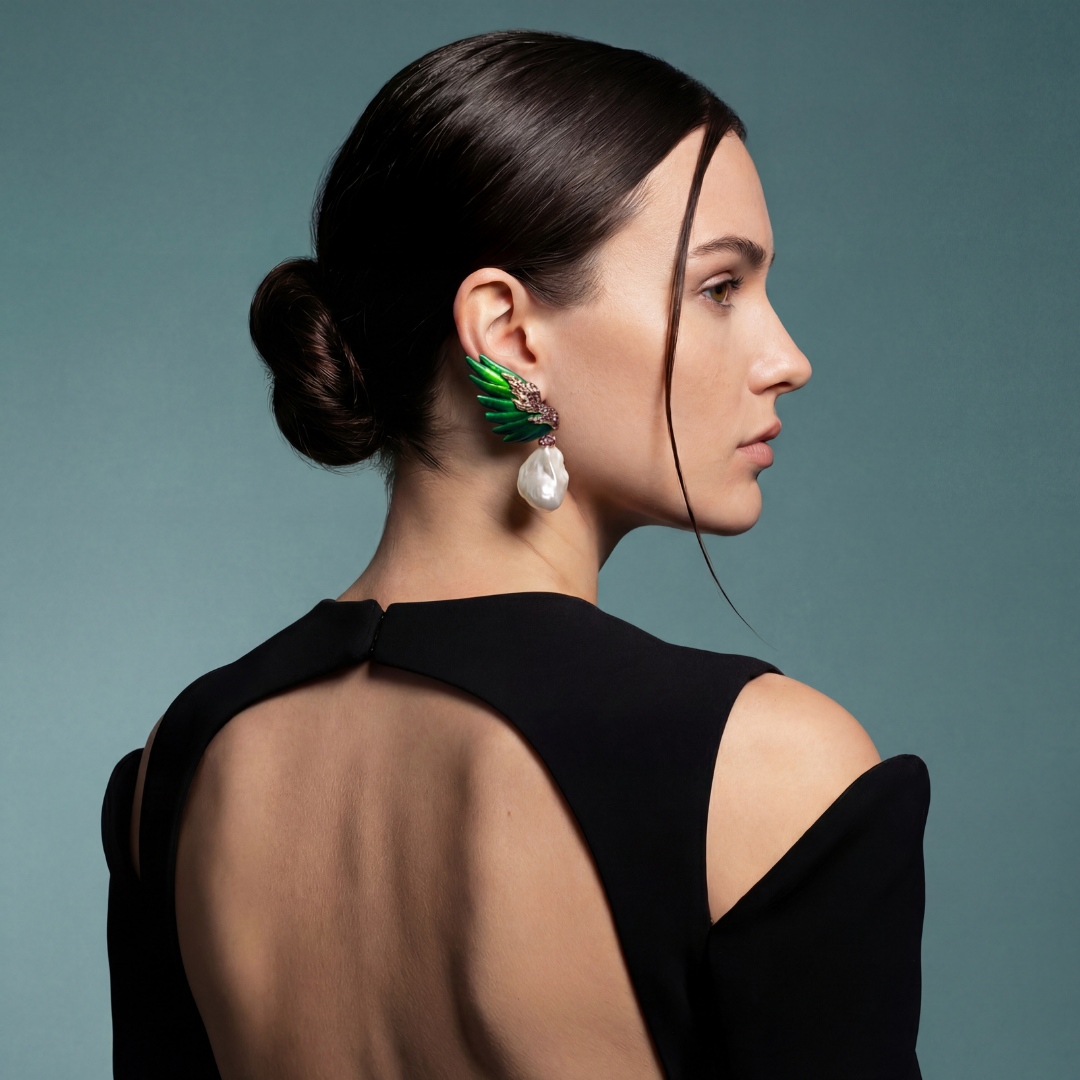Scarab “Angel Wing” Earrings with Diamonds, Pink Tourmaline, and Pearls