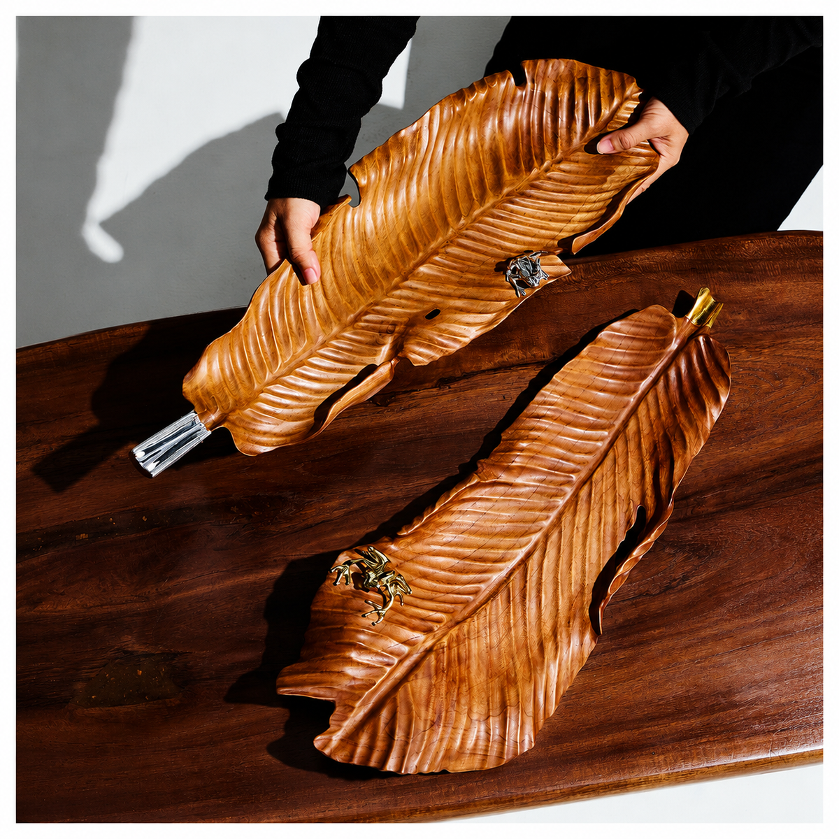Carved Banana Leaf Teak Bowl with Silver Frog