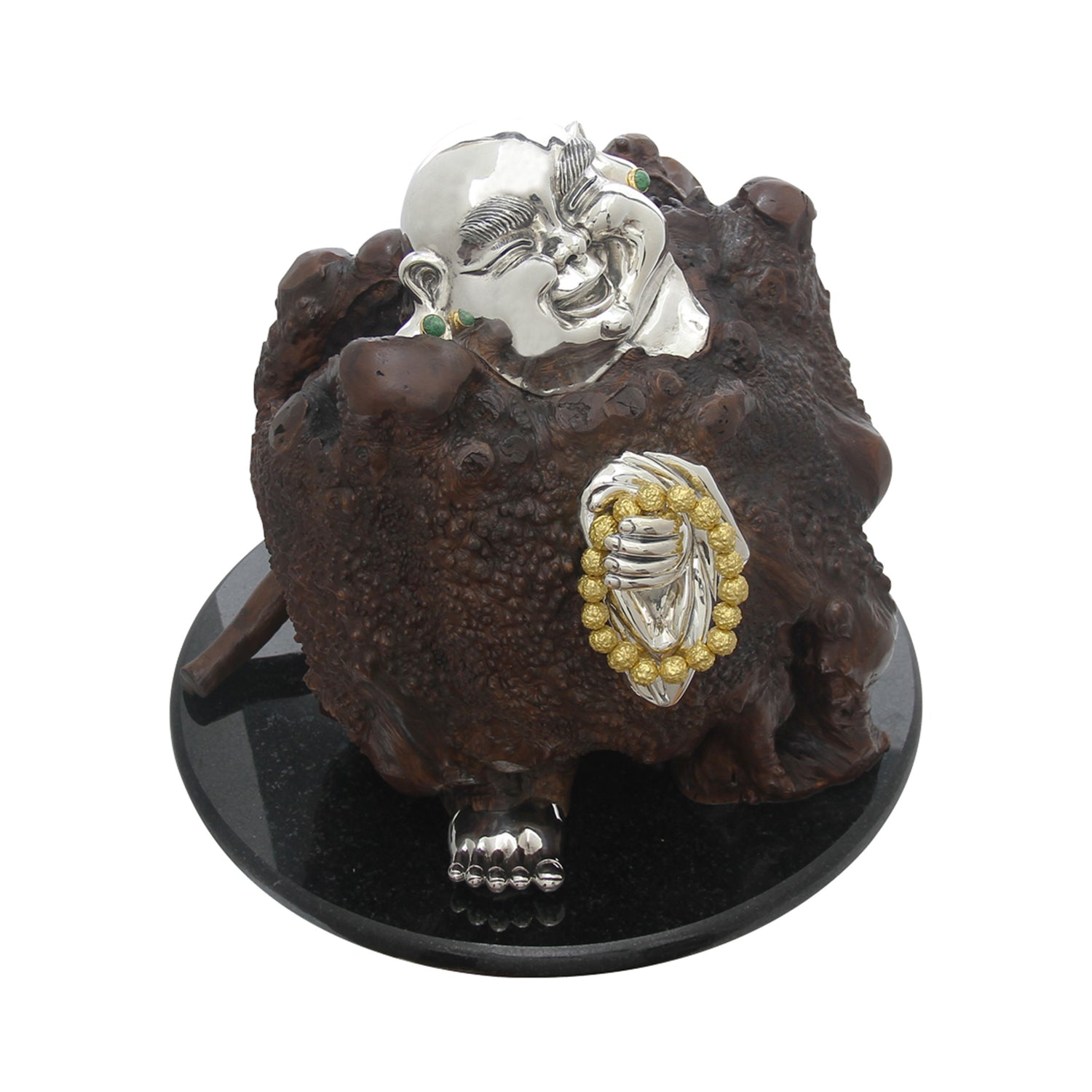 Burl Wood Happy Monk Sculpture with Prayer Beads