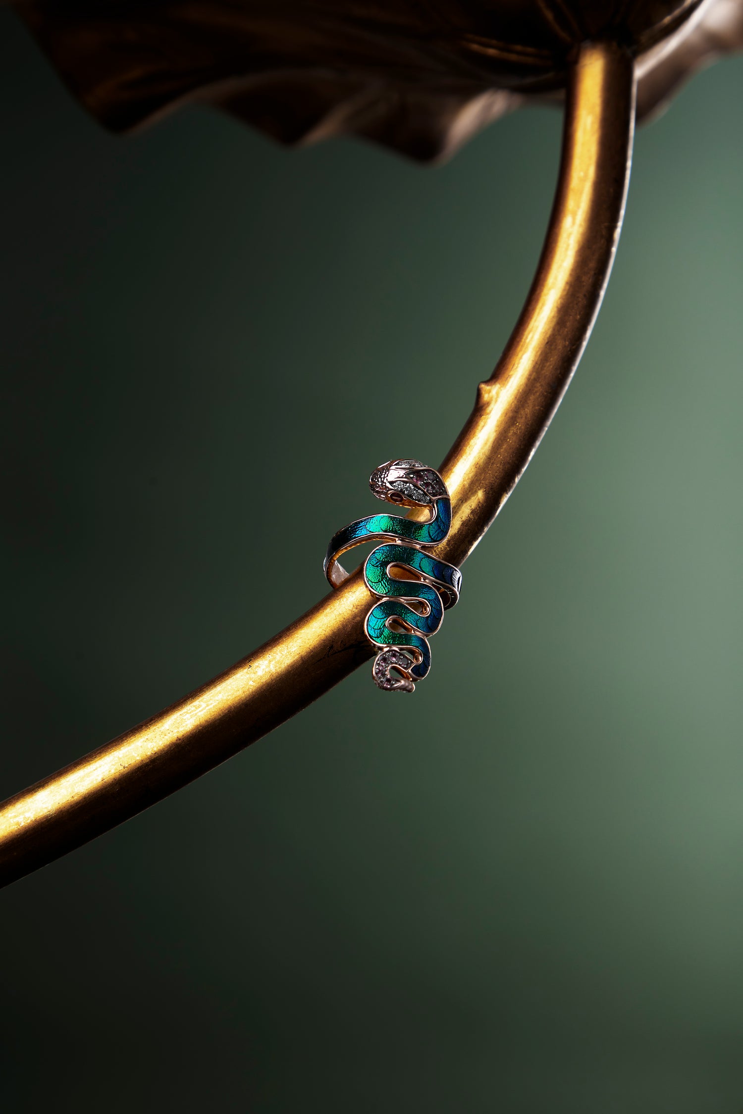 Swirling Snake Scarab Ring with Diamonds and Tourmalines