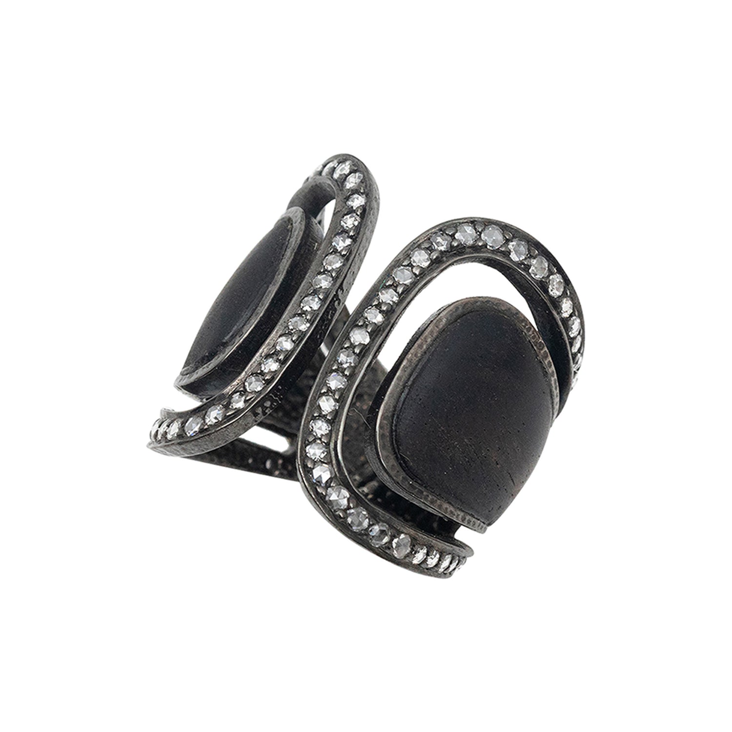 Art Deco Black Wood Ring Decorated with Diamonds