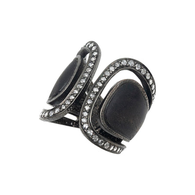 Art Deco Black Wood Ring Decorated with Diamonds