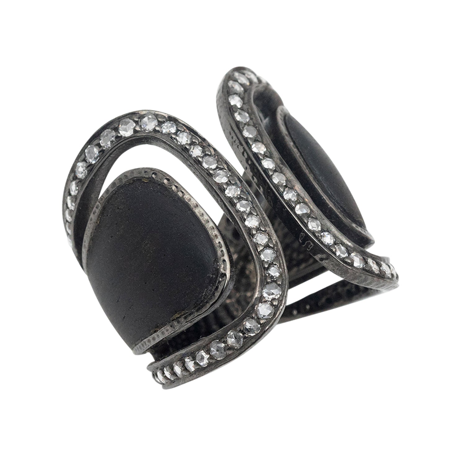 Art Deco Black Wood Ring Decorated with Diamonds