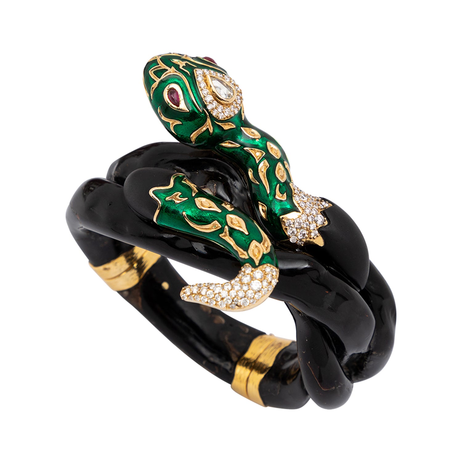 The Green Serpent Bangle with Diamond & Ruby Eyes