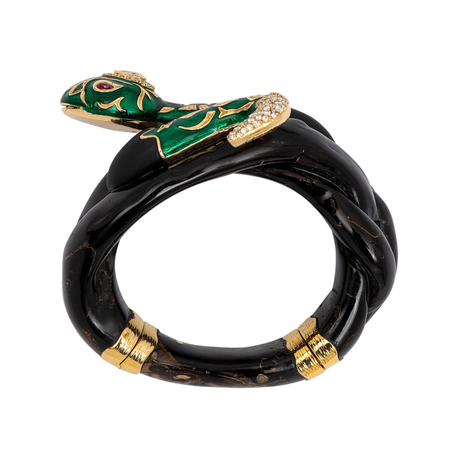 The Green Serpent Bangle with Diamond & Ruby Eyes