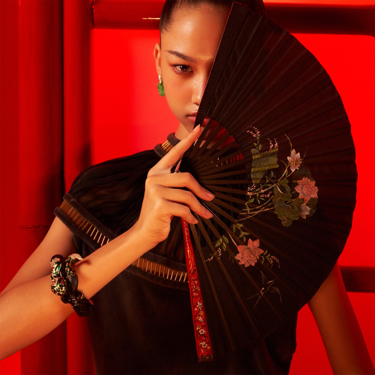 The Green Serpent Bangle with Diamond & Ruby Eyes