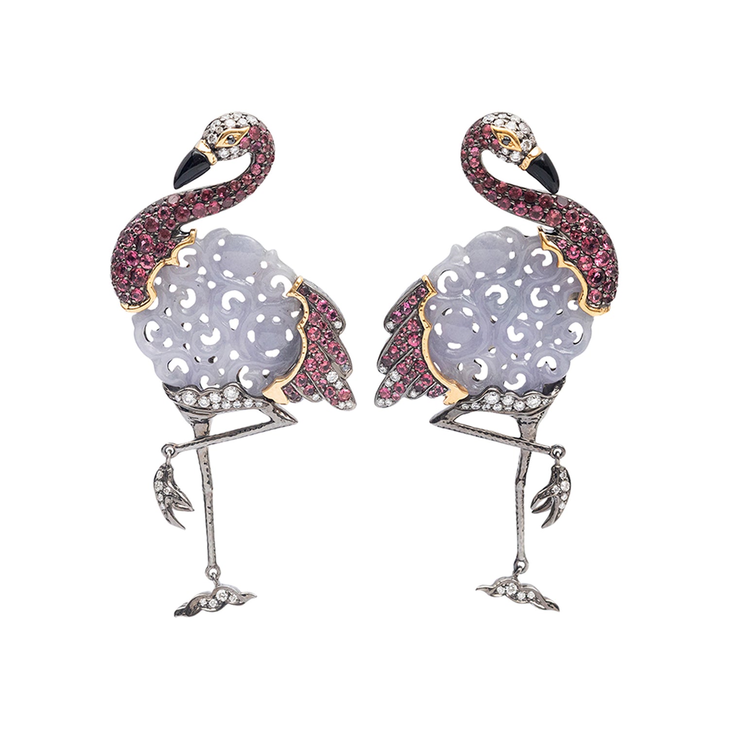 Playful Flamingo Lavender Jade Earrings with Diamonds and Pink Tourmalines