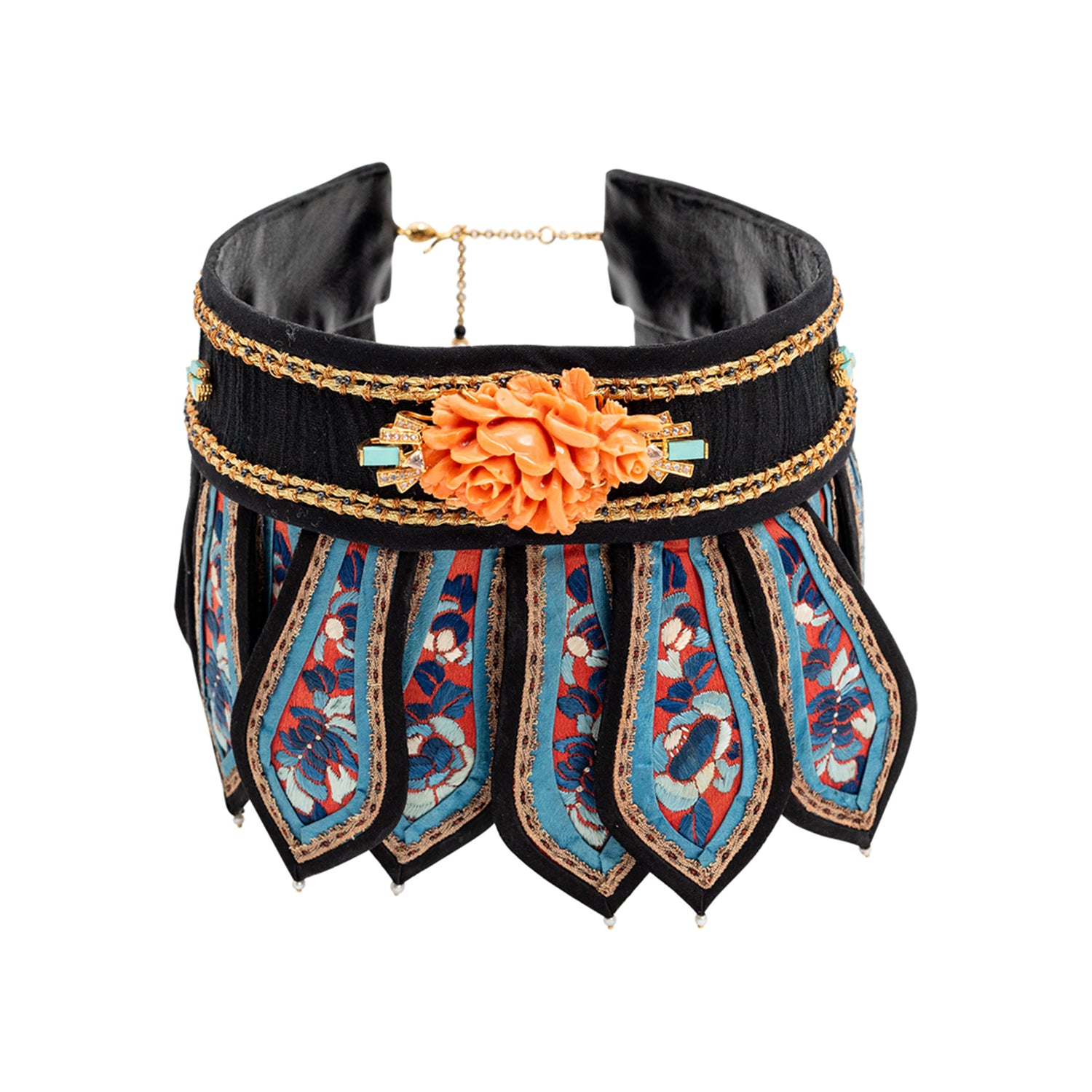 Antique Collar Necklace Diamond, Red Craved Stone,Pearl and Tourqouise