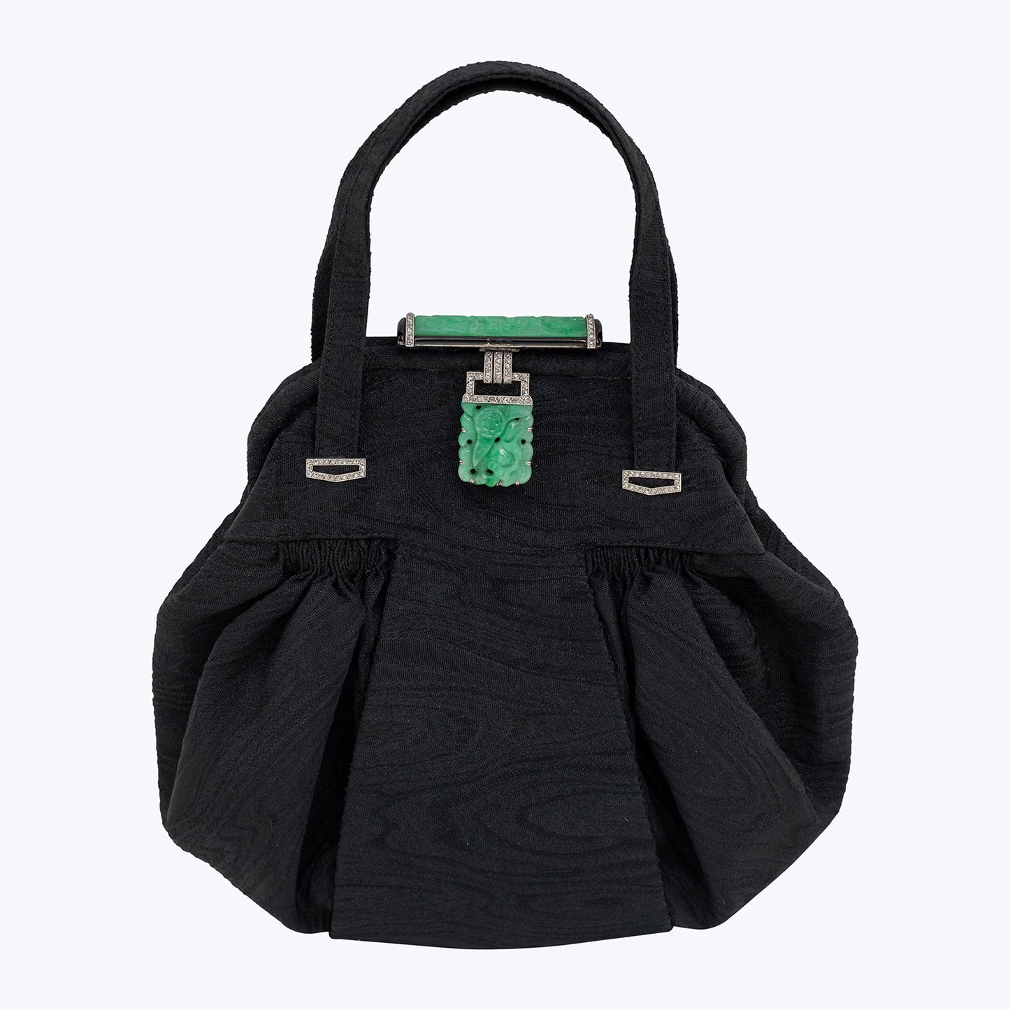 London Bags Vintage Black Silk Evening Bag with Jade Diamond and Platinum