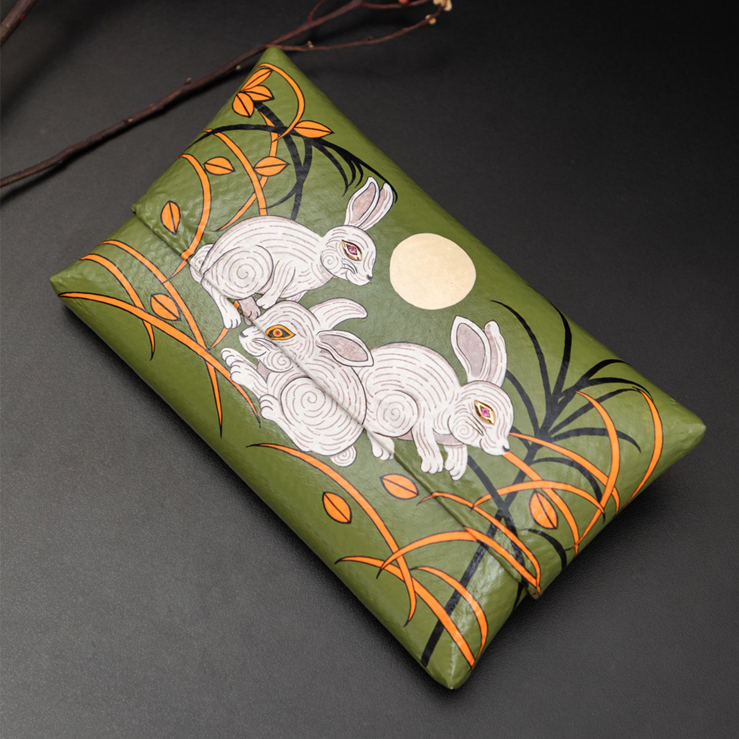 Bamboo Clutch with Hand-Painted Cheerful Rabbits and Tourmaline