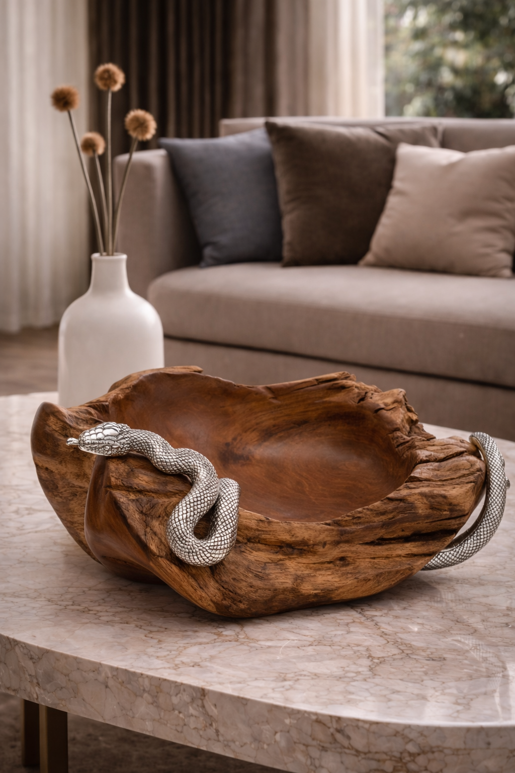 Teak Root Bowl with Silver Snake