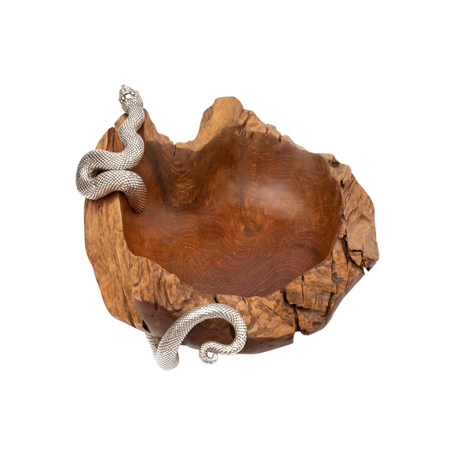 Teak Root Bowl with Silver Snake