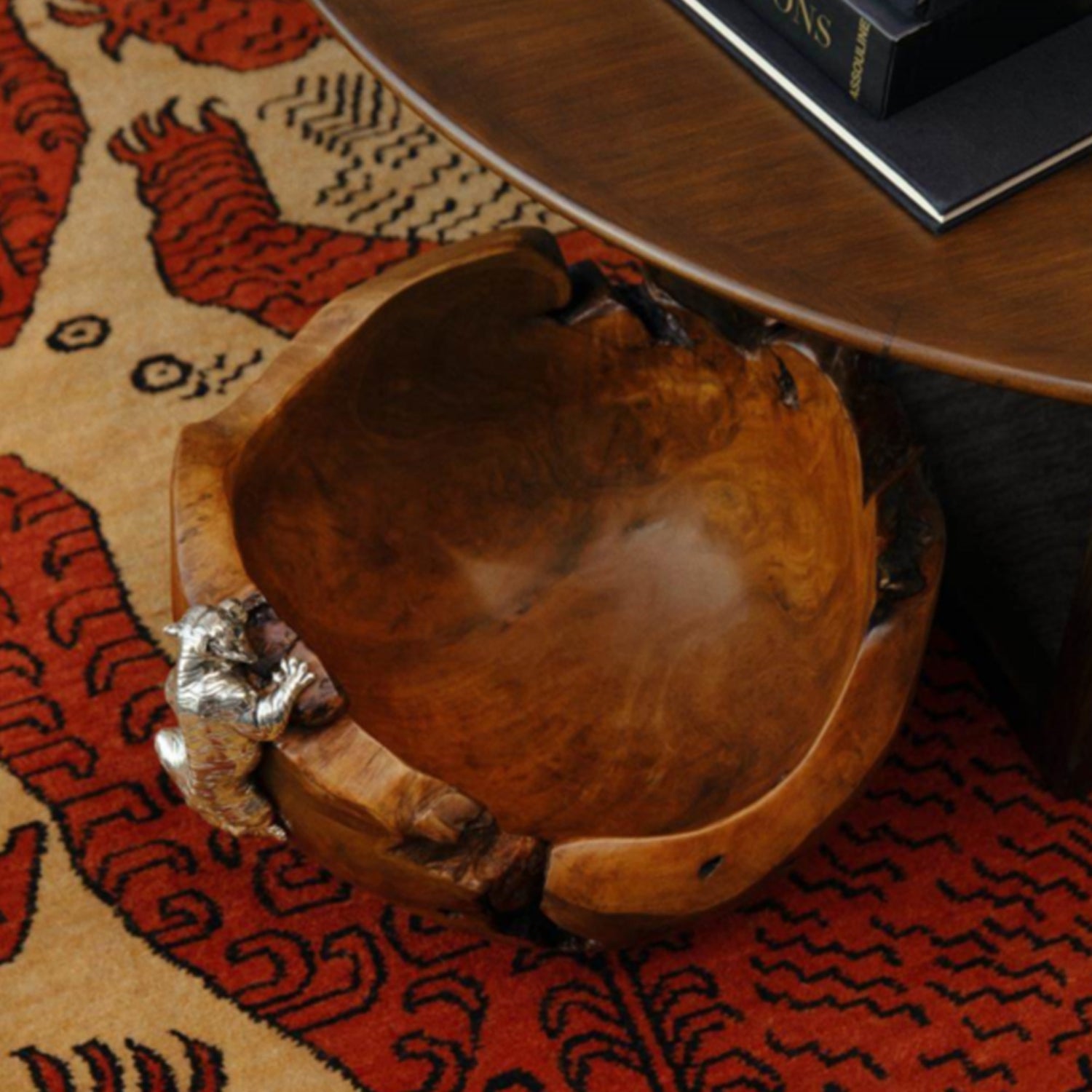 Teak Bowl with Silver Climbing Tiger