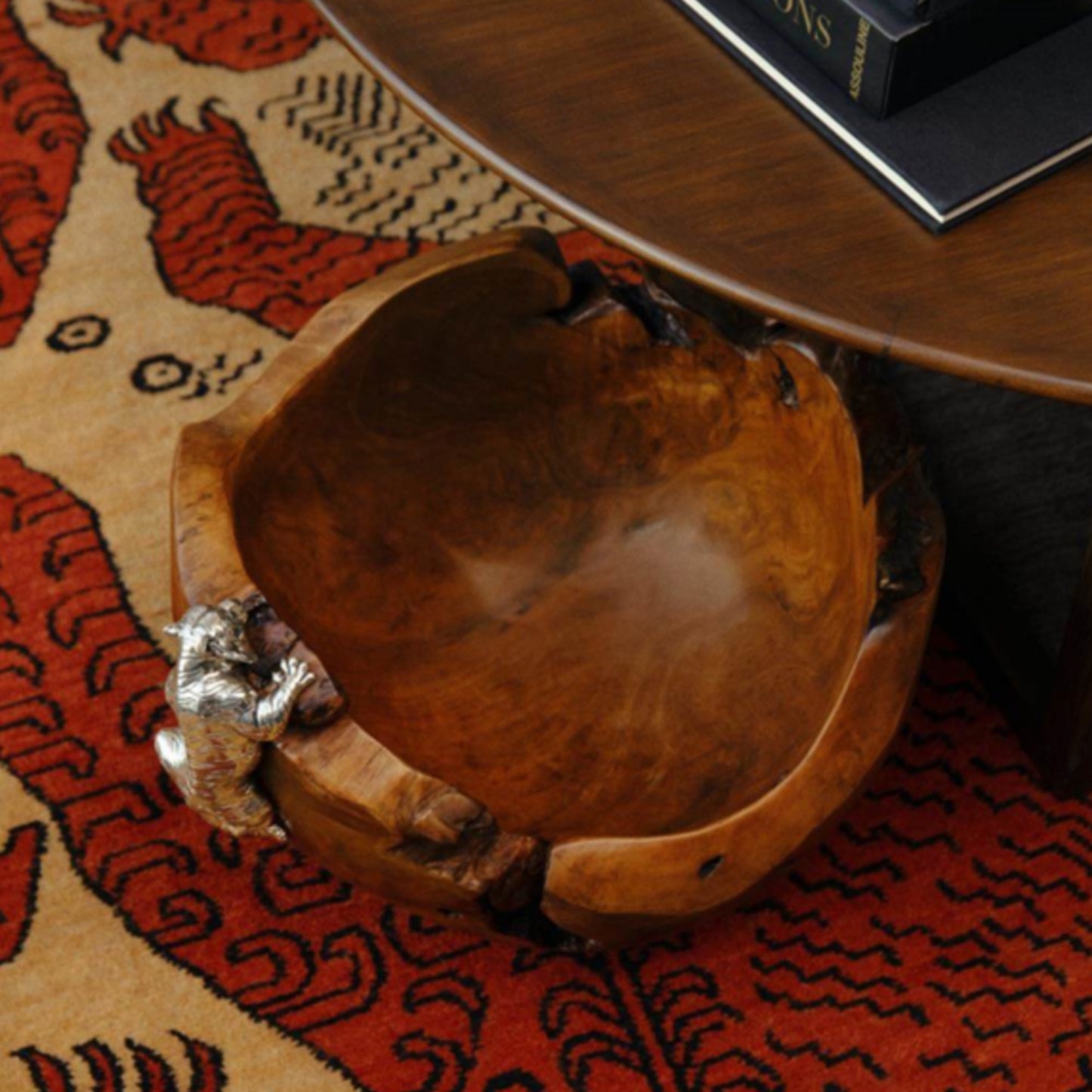 Teak Bowl with Silver Climbing Tiger