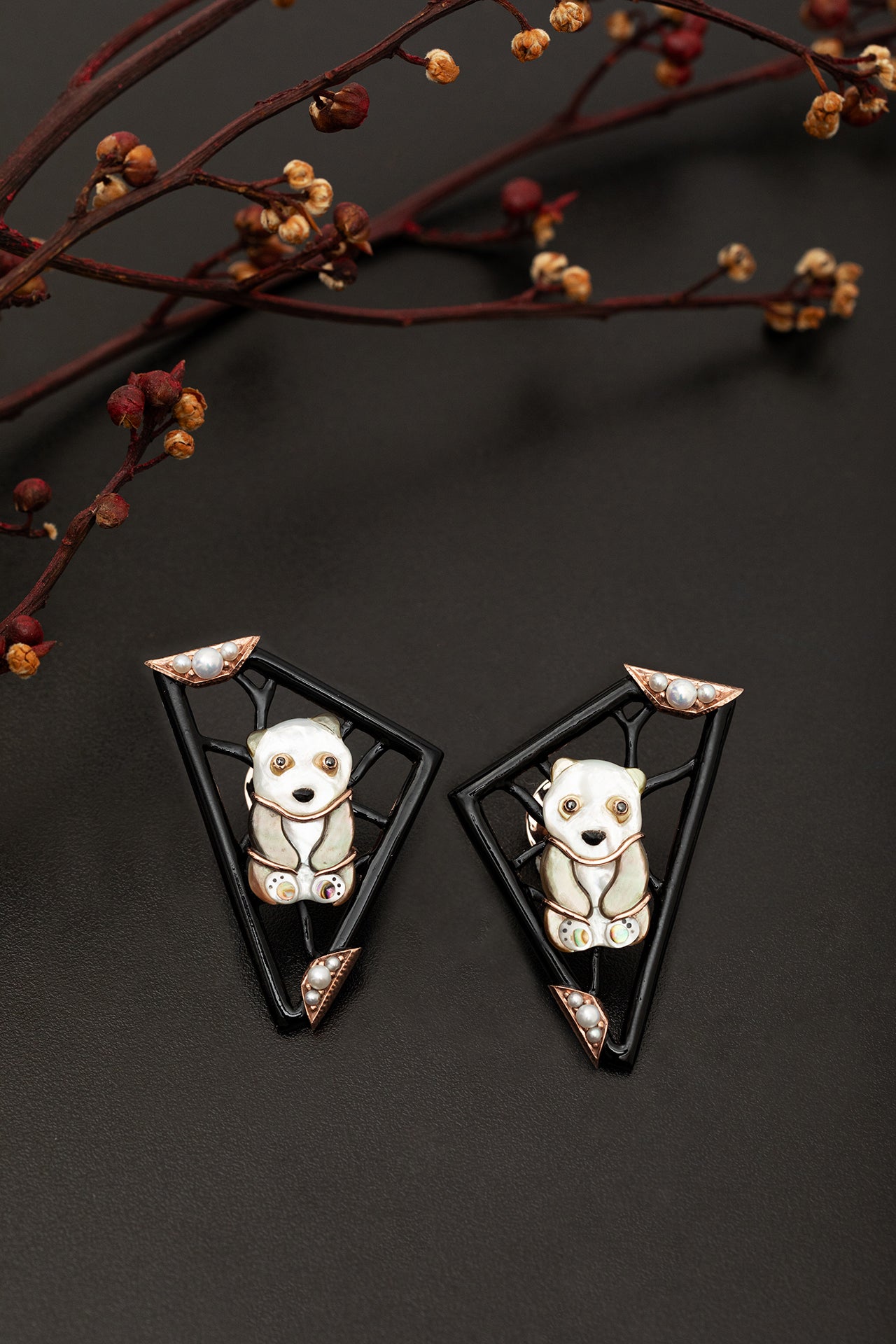 Panda Shell Earrings with Pearl and Diamond