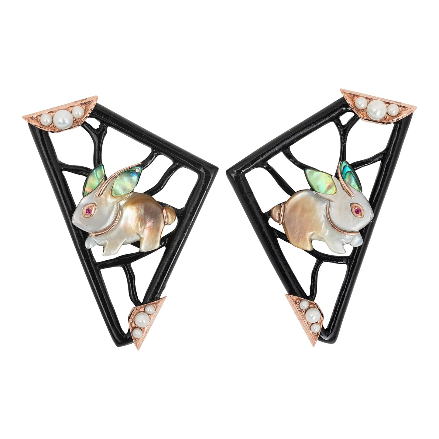 Black Lacquer Kite Earrings with Carved Shell Rabbit, Pearl & Ruby