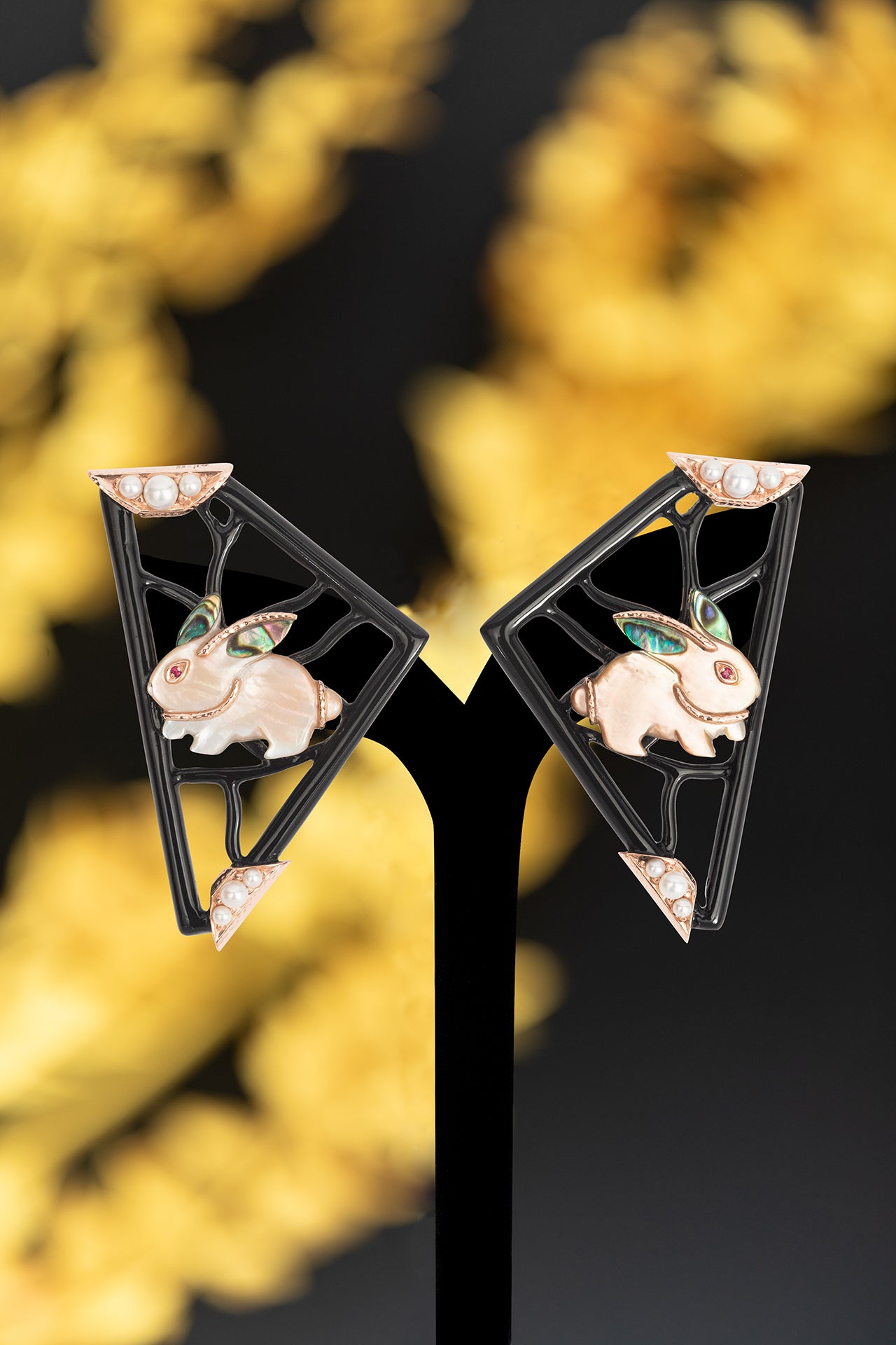 Black Lacquer Kite Earrings with Carved Shell Rabbit, Pearl & Ruby