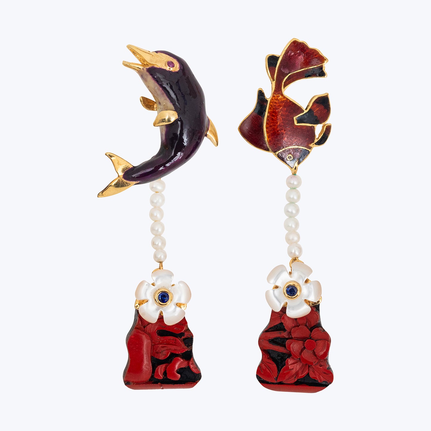 Dolphin and Fish Red Lacquer Earrings