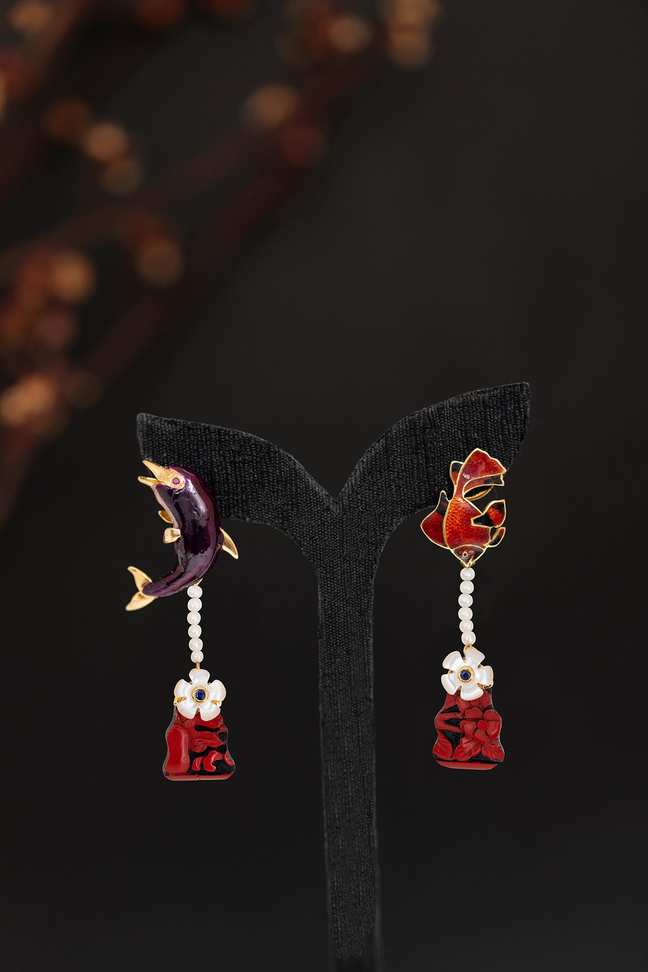 Dolphin and Fish Red Lacquer Earrings