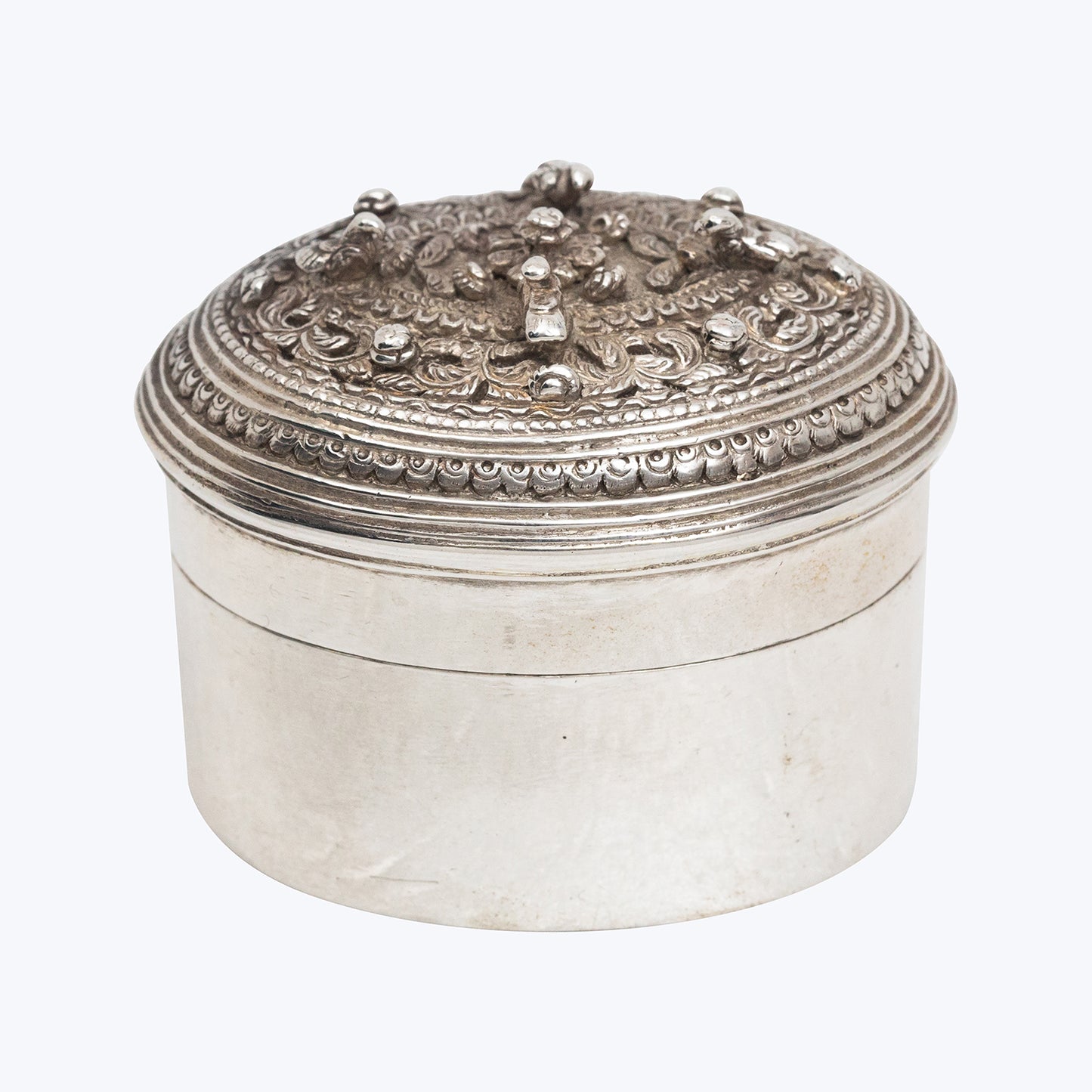 Antique Oval Silver Pill Box with Floral Lid (Circa 1880-1910)