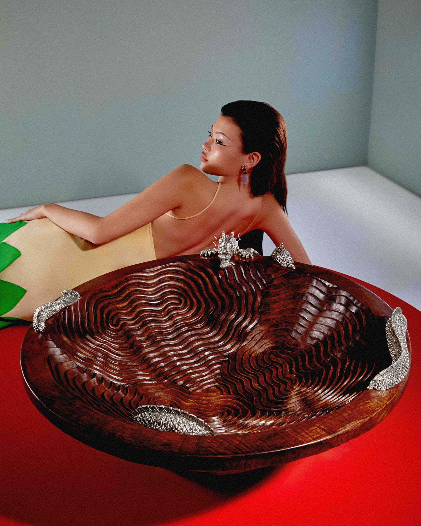 Teak Wood Cloud Bowl with Silver Dragon #L