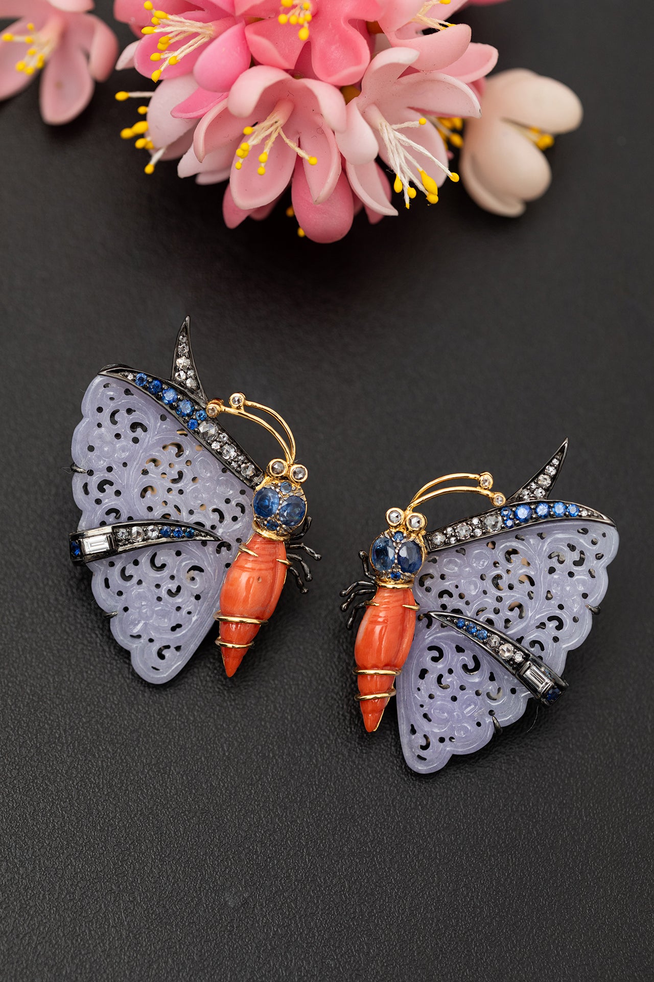 Butterfly Earrings with Carved Jade, Red Stone, Blue Sapphire and Diamond