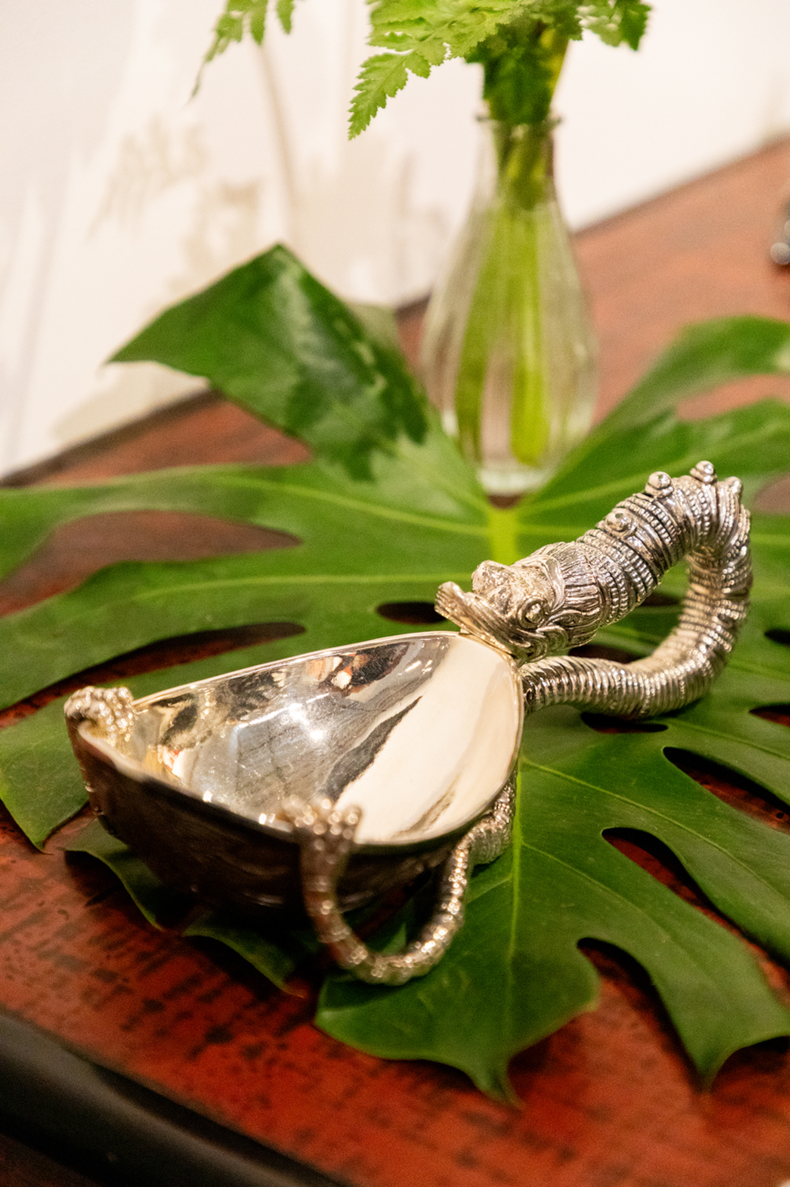 Carved Coconut Bowl with Silver Dragon Handle