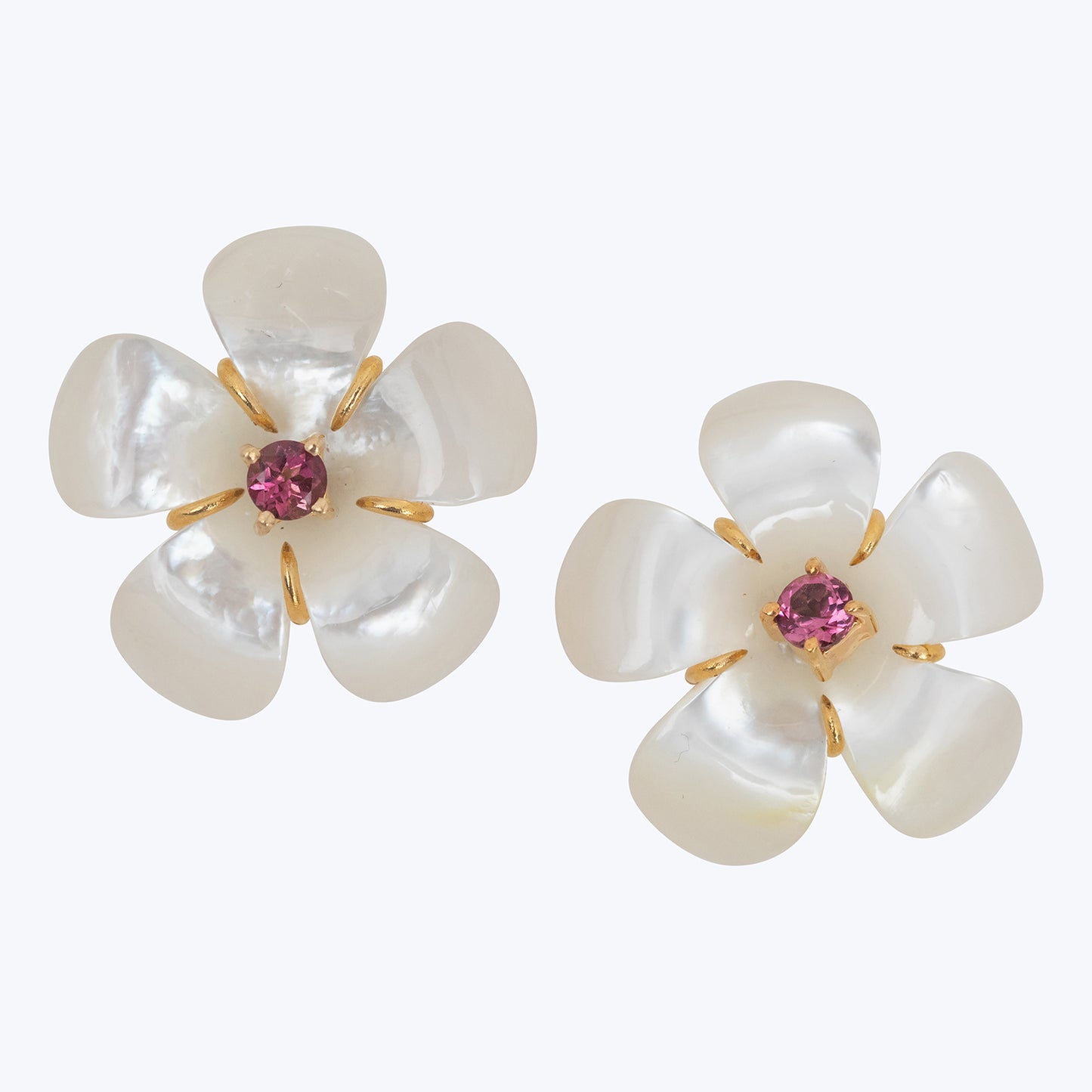 Mother of Pearl Dok Kaew Earrings with Pink Tourmaline (21 mm)