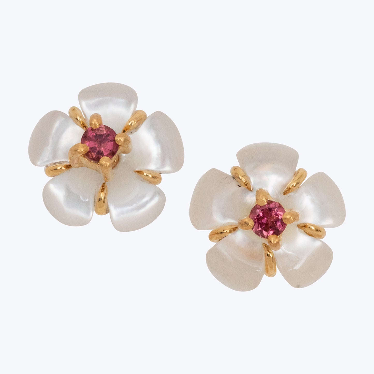 Mother of Pearl Dok Kaew Earrings with Pink Tourmaline ( 9.5 mm )