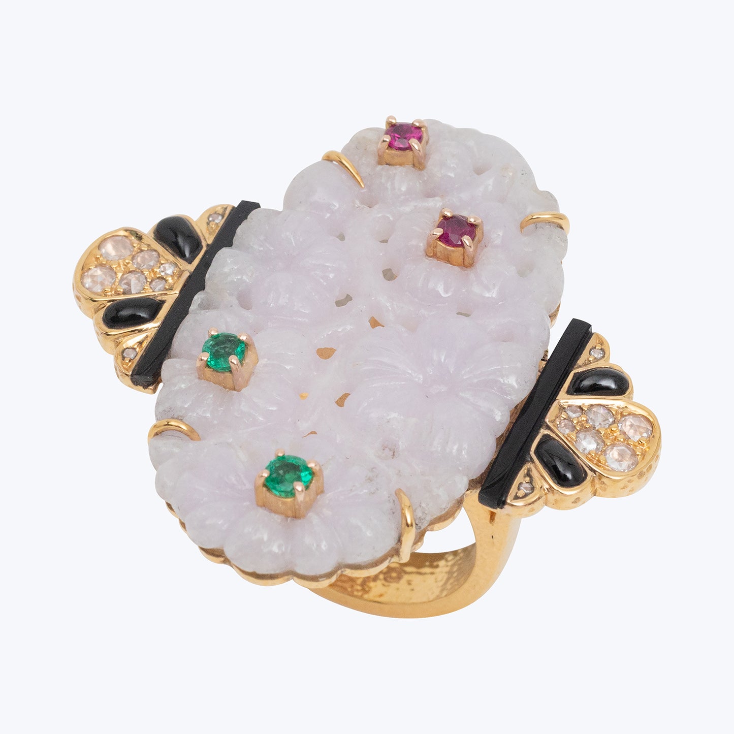 Flower Lavender Jade Ring with Emerald and Ruby