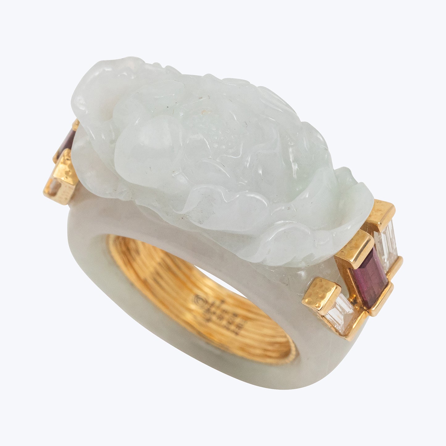 Carved Jade Ring with Diamonds and Rubellite