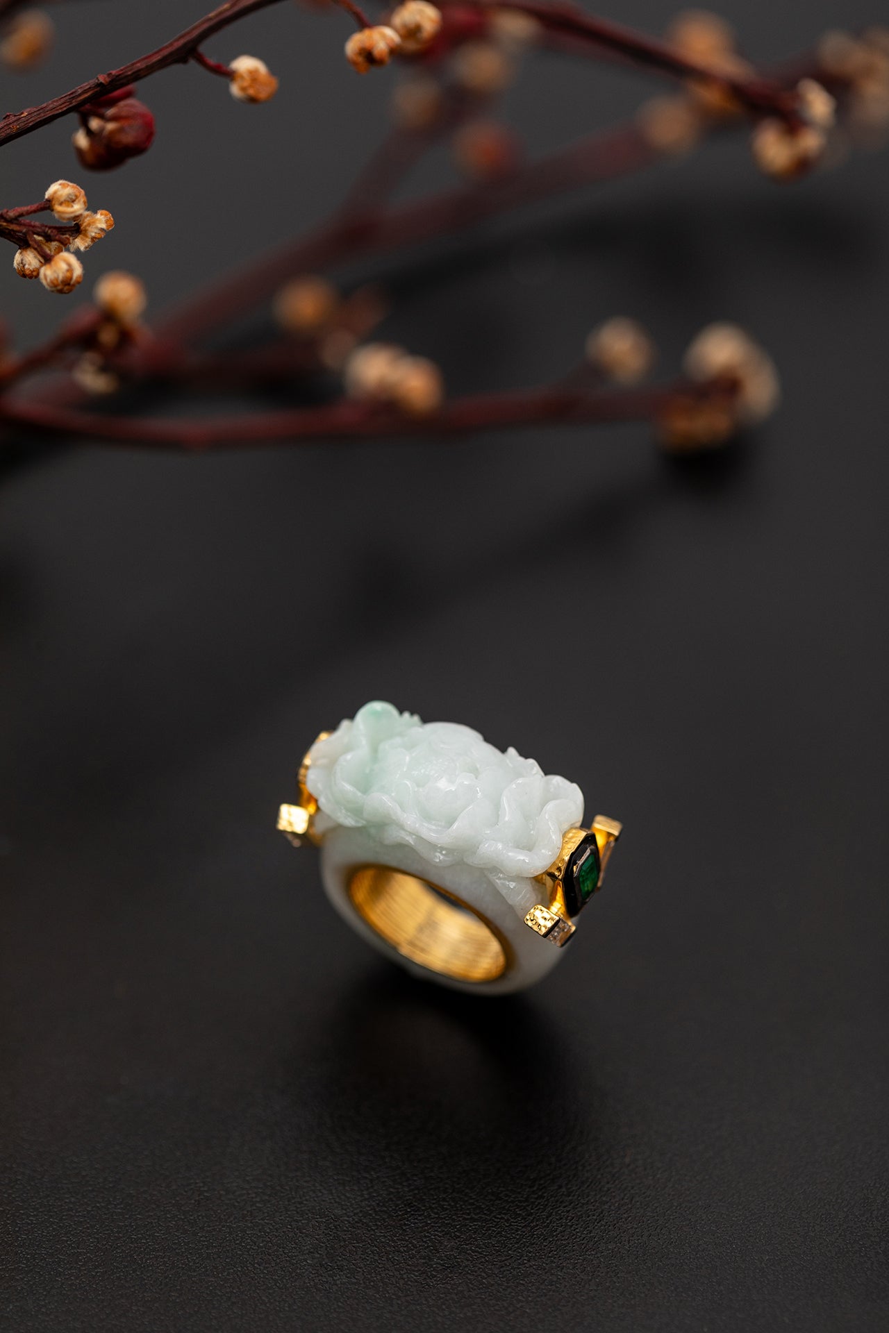 Floral Jade Ring with Emerald and Diamond