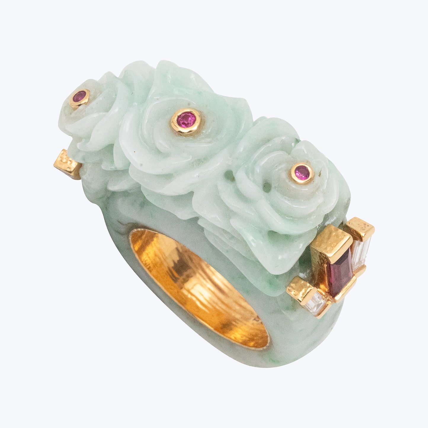 Carved Jade Ring with , Ruby, Diamond and 18k gold