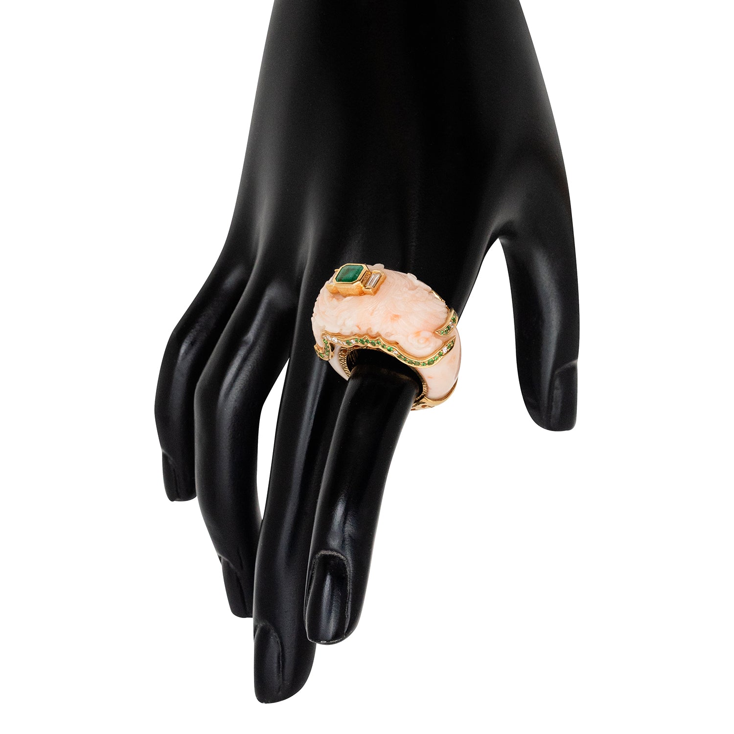 Carved Red Stone Ring with Zambian Emerald, Tsavorite, Diamond