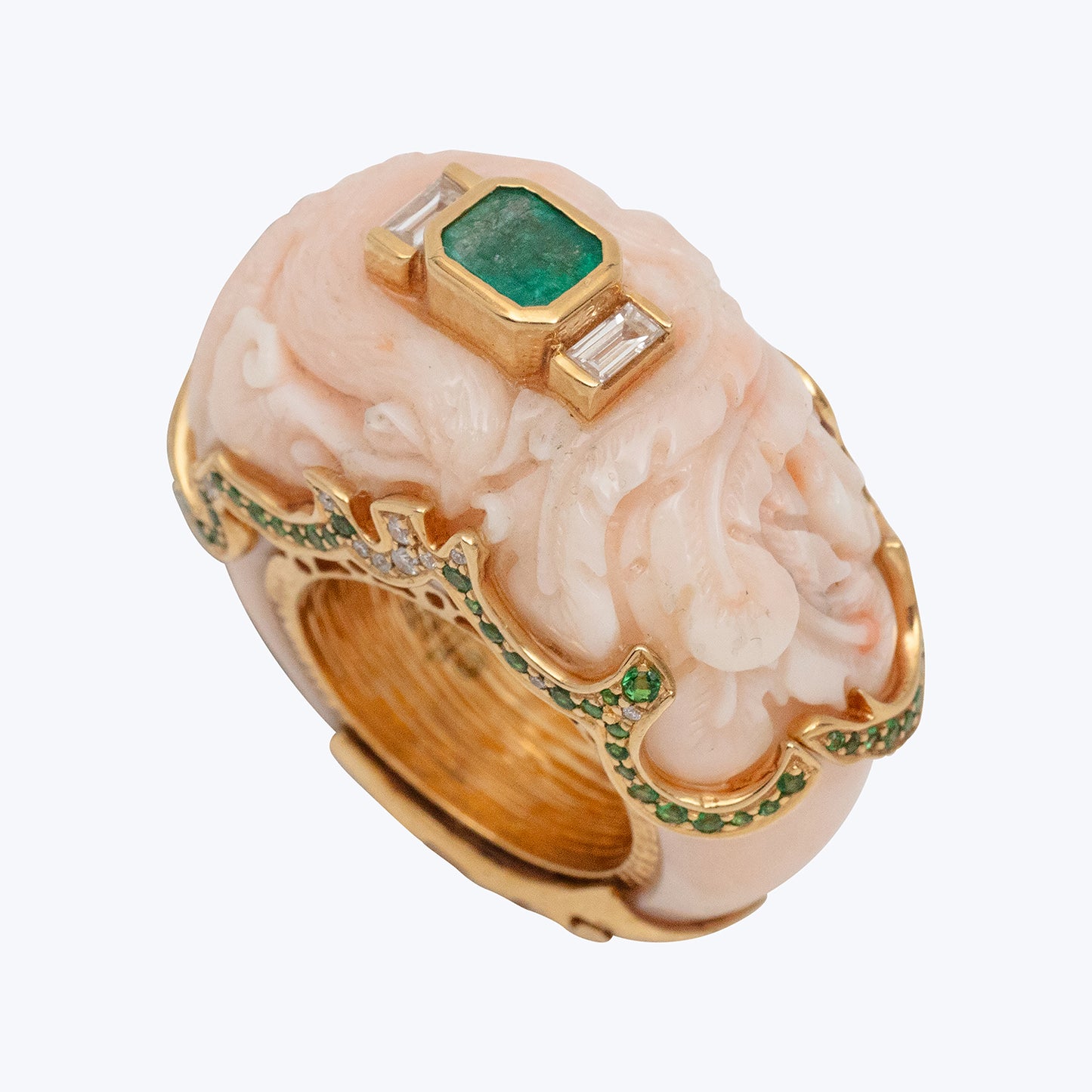Carved Red Stone Ring with Zambian Emerald, Tsavorite, Diamond