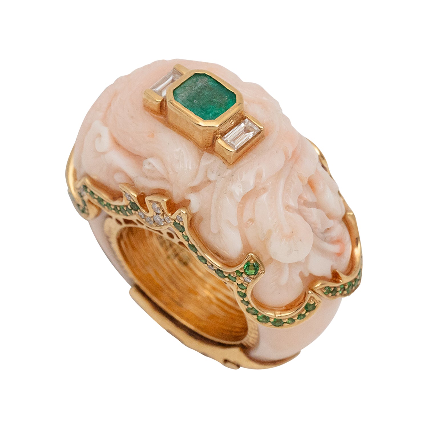 Carved Red Stone Ring with Zambian Emerald, Tsavorite, Diamond