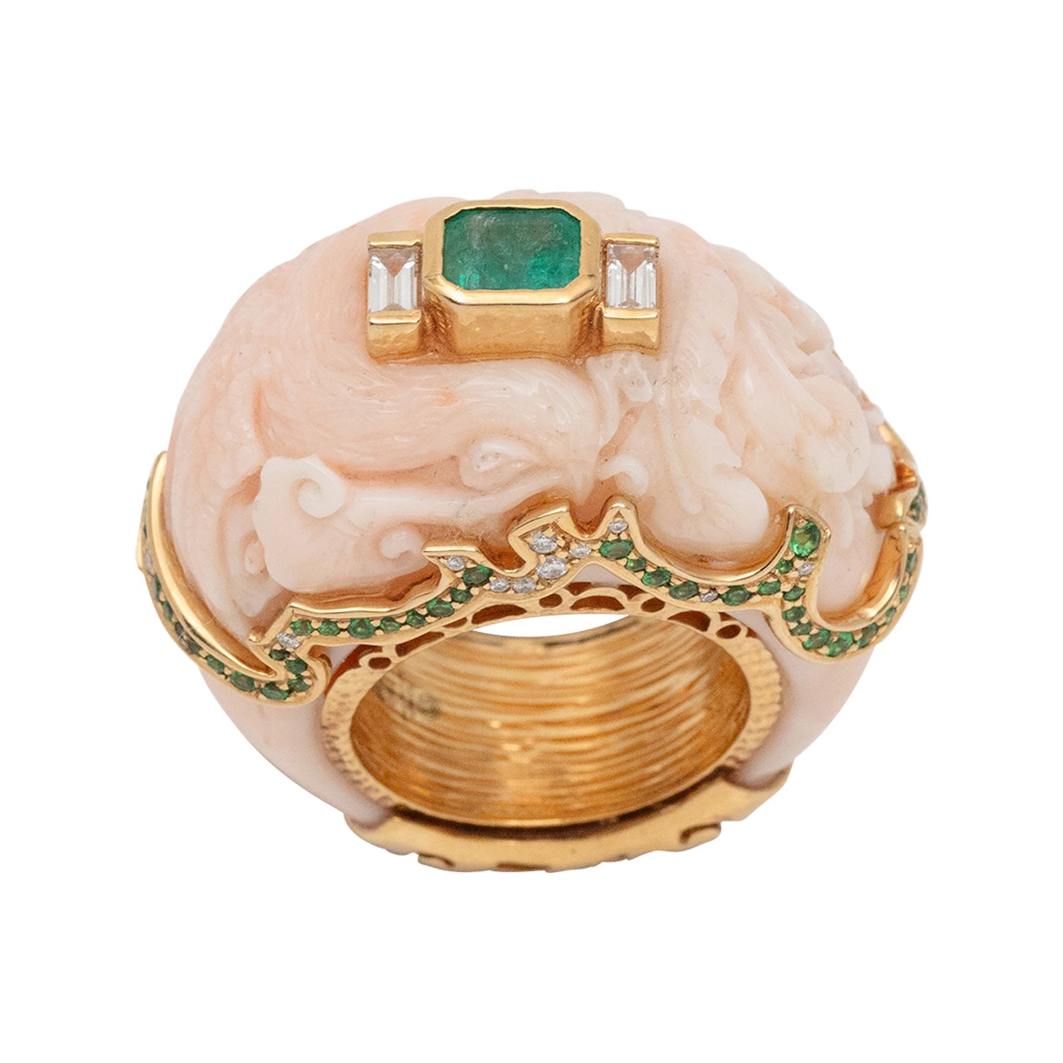 Carved Red Stone Ring with Zambian Emerald, Tsavorite, Diamond