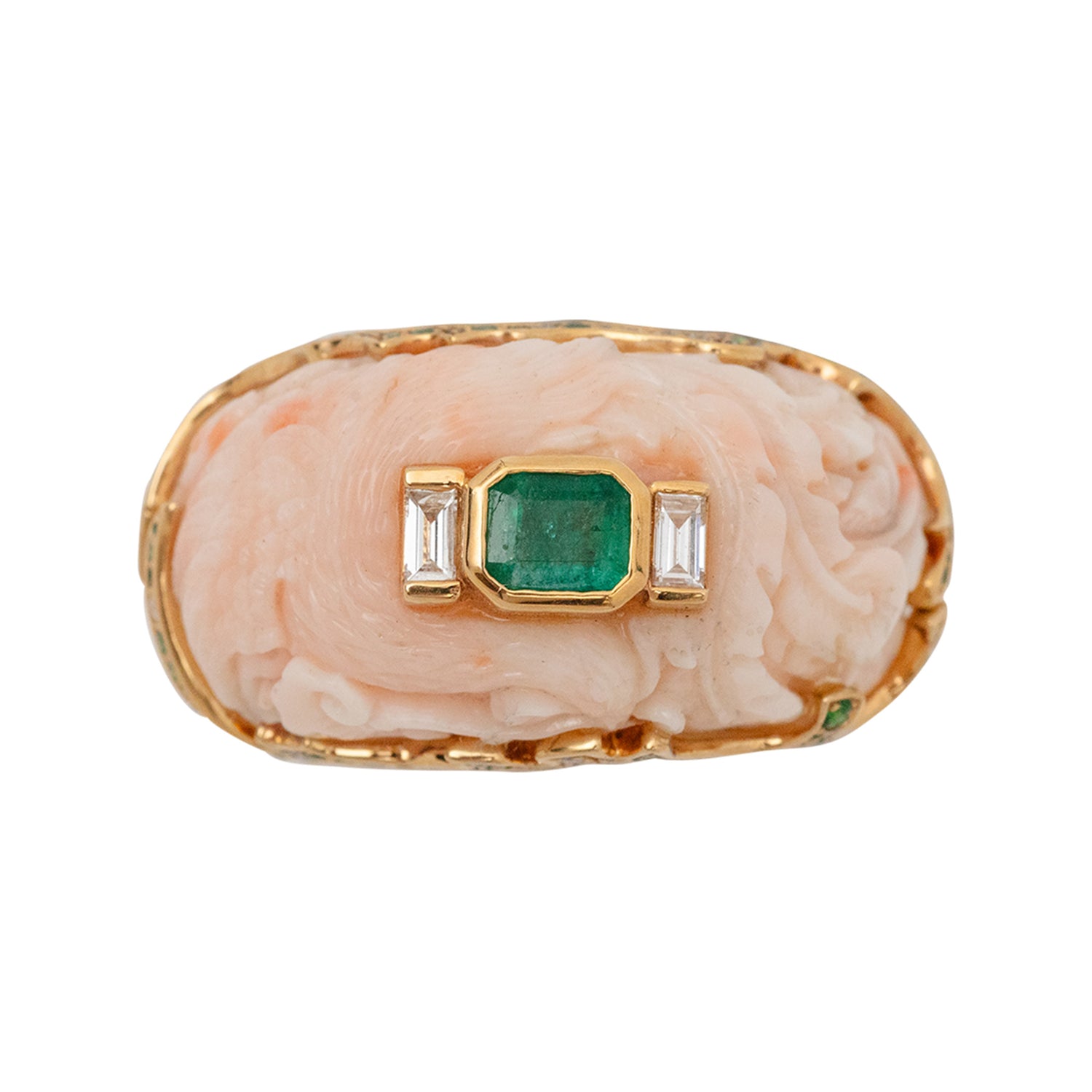 Carved Red Stone Ring with Zambian Emerald, Tsavorite, Diamond