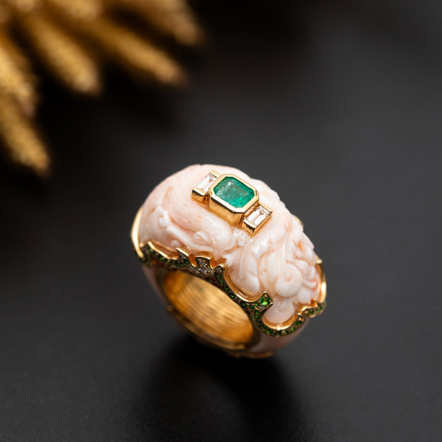 Carved Red Stone Ring with Zambian Emerald, Tsavorite, Diamond