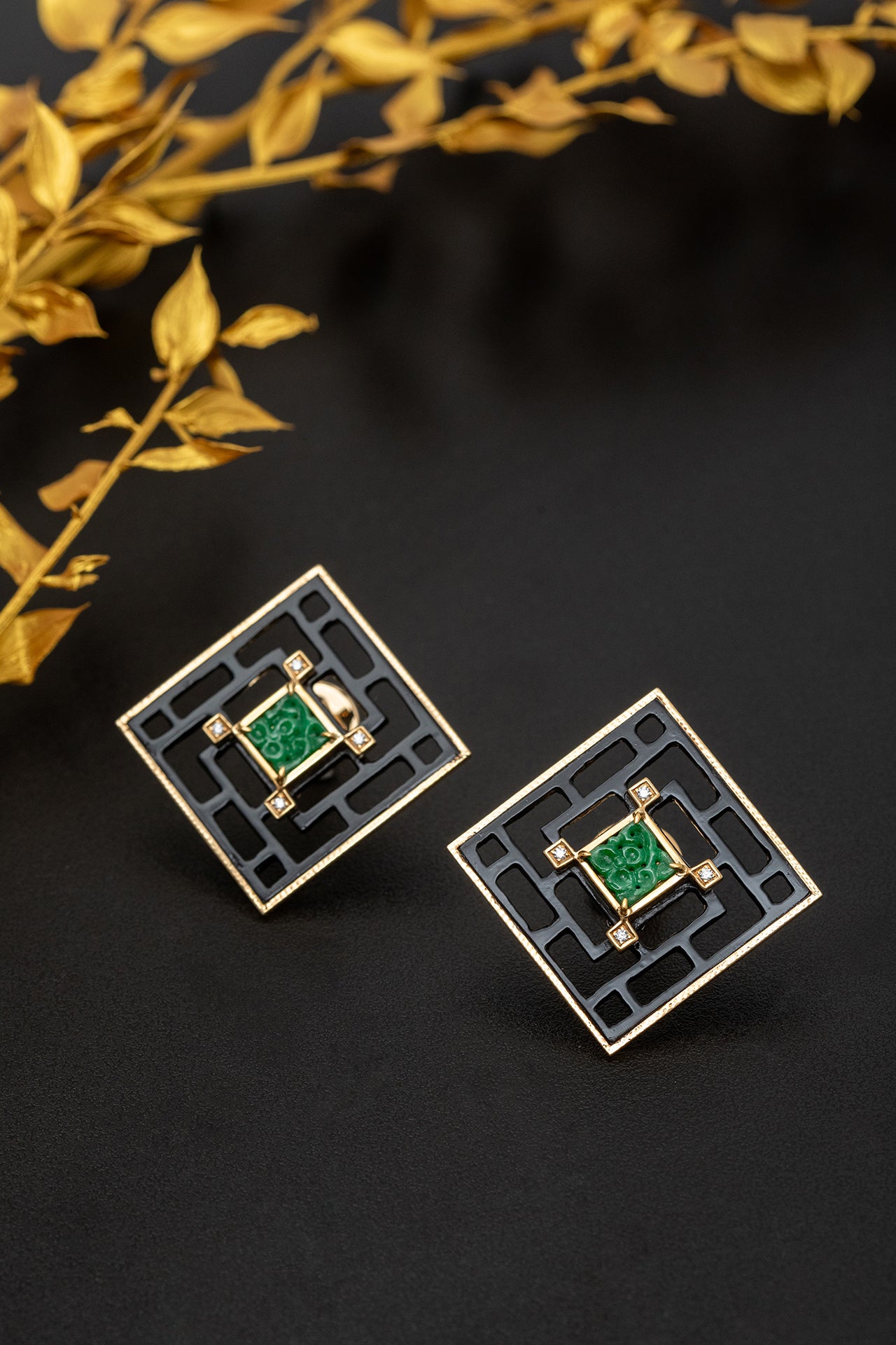 Chinese Knot Earrings with Jade and Diamonds