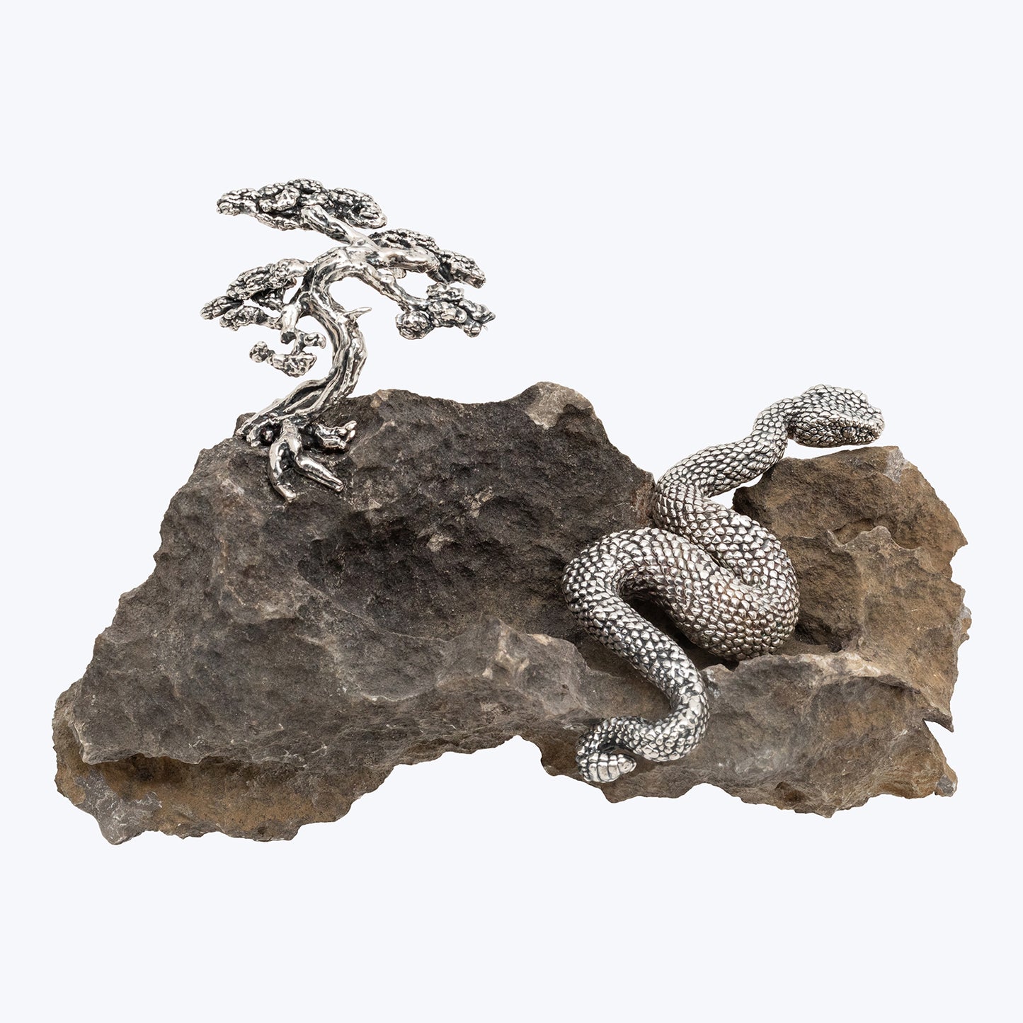 Spiritual Guangxi Stone with Silver Snake and Bonsai